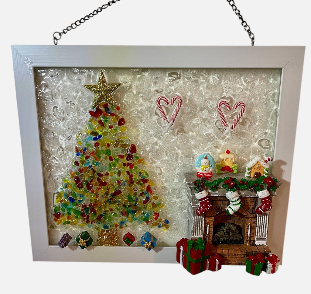 Christmas Scene Crushed Glass Art - Colorful Tree & Cozy Fireplace (8x10)