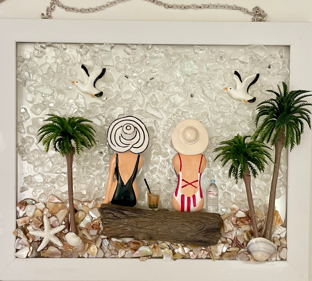 Two Beach Babes on Driftwood Log - 8x10 Crushed Glass Coastal Wall Art