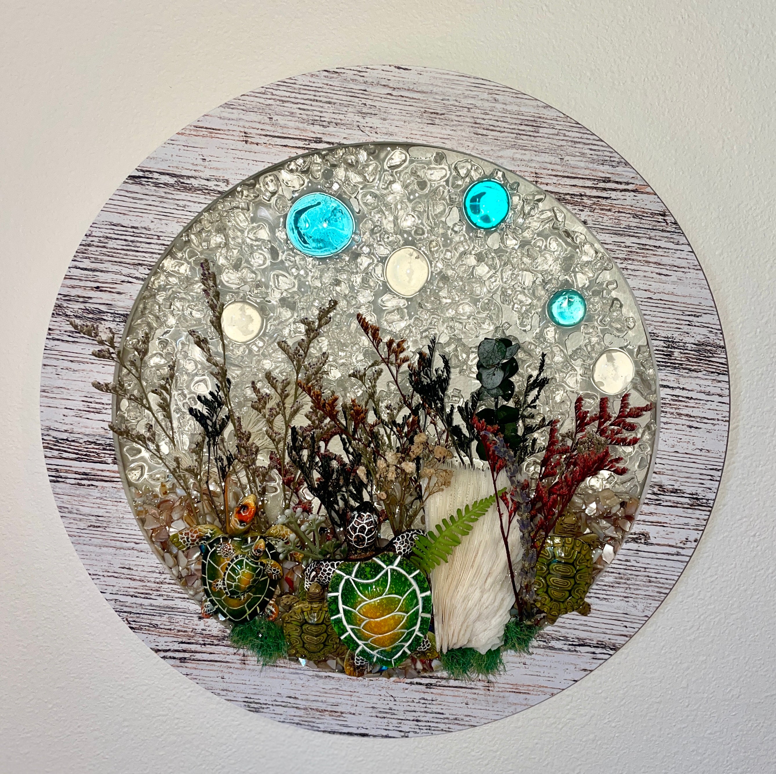 Round Frame with Turtles in the Ocean – 12" x 12" Coastal Wall Art