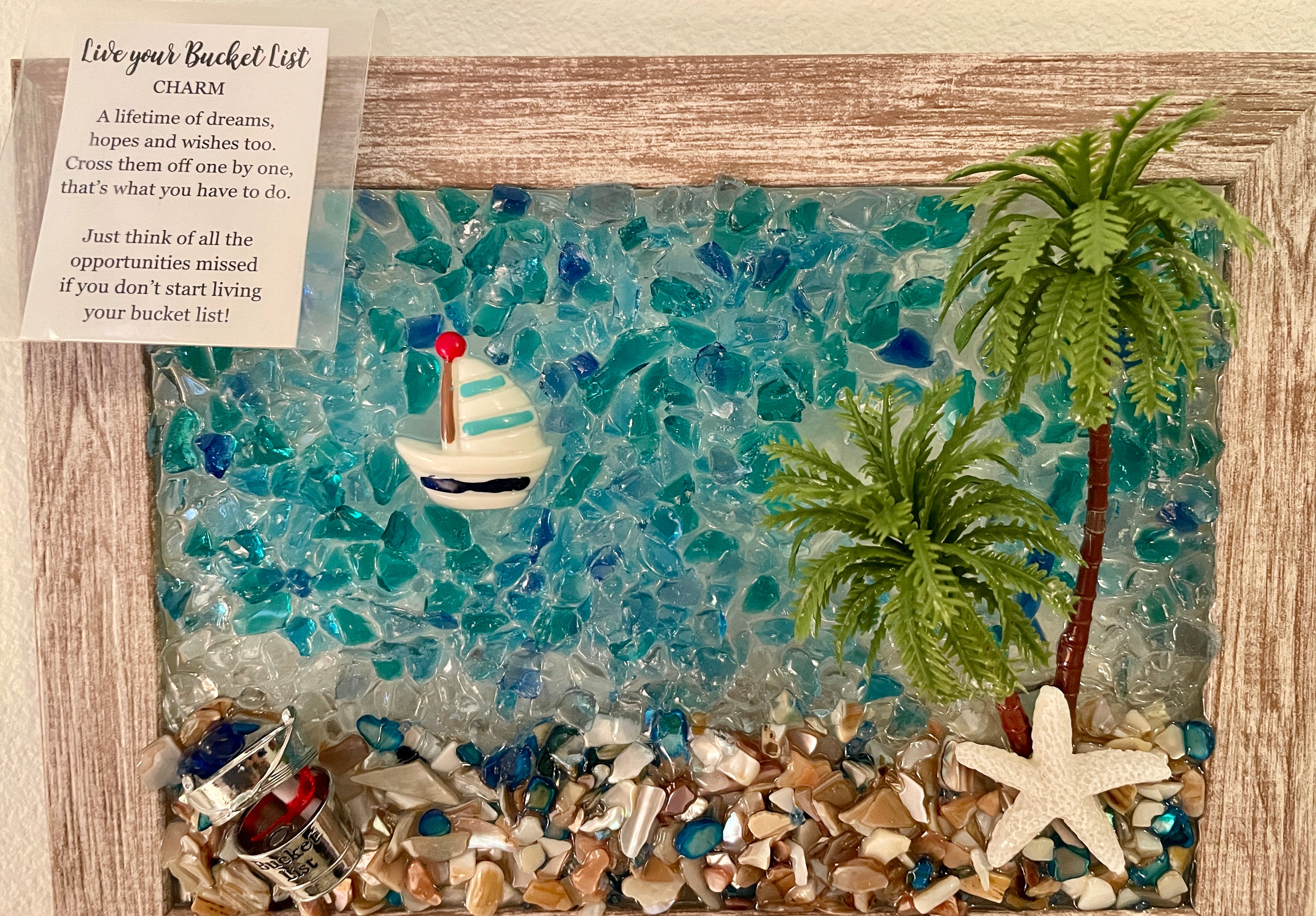 Beach Scene with Boat, Palm Trees and "Bucket List" - 5" x 7" Crushed Glass Coastal Art