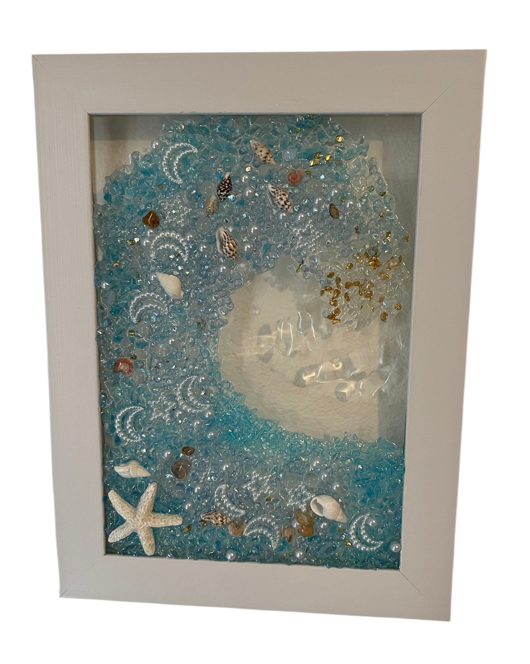 Ocean Wave Crushed Glass Art - Starfish, Shells & Faux Pearl Accents (5" x 7")