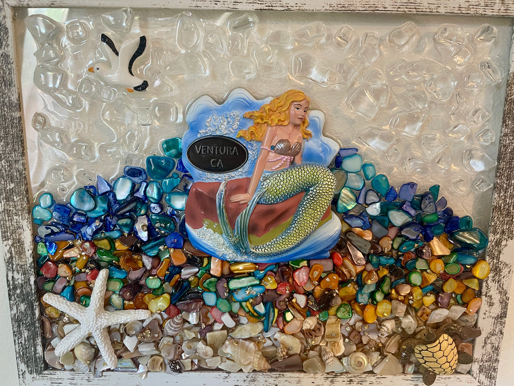 Ventura California Mermaid - 8" x 10" Crushed Glass Coastal Art with Shells