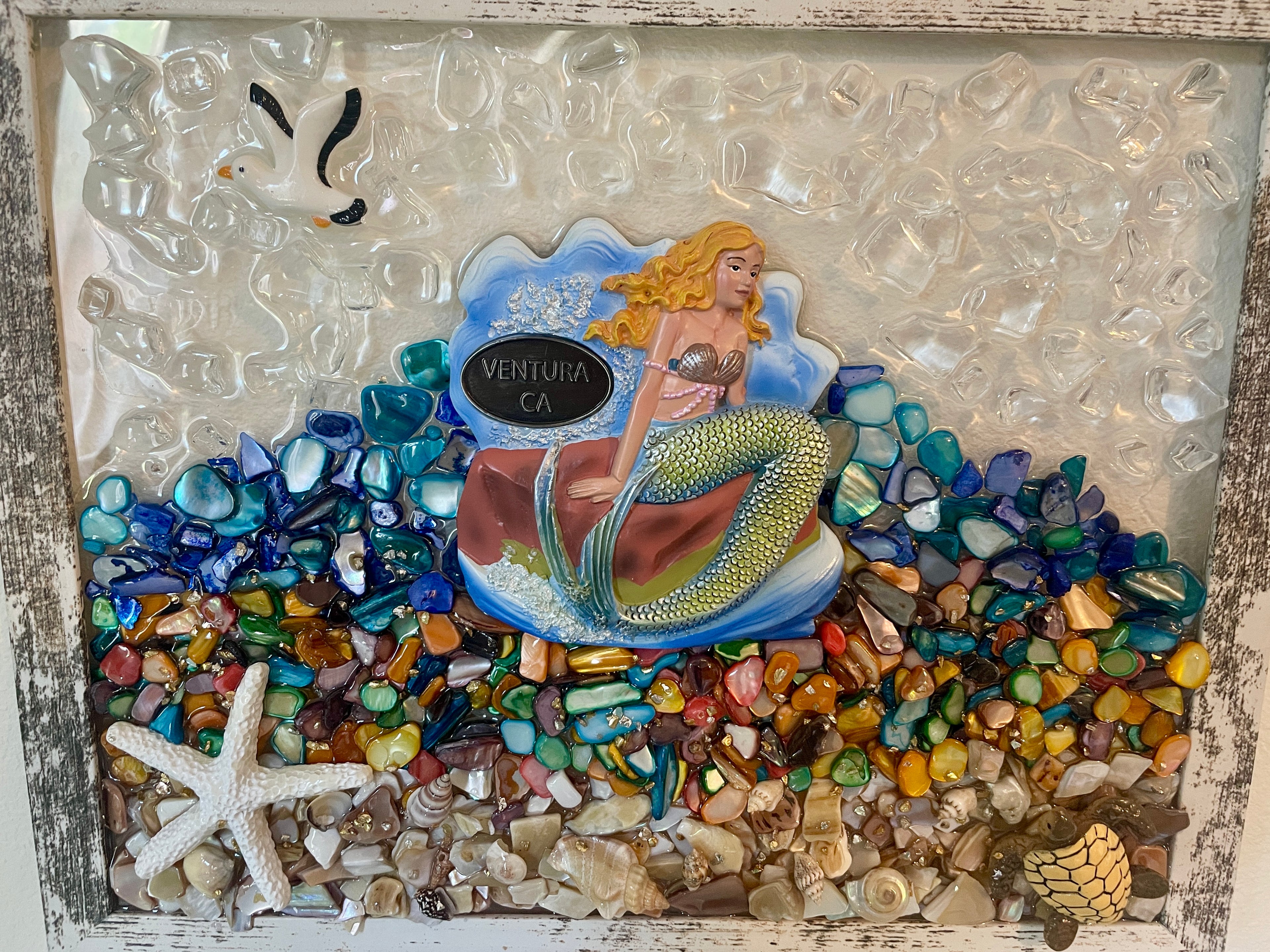 Ventura California Mermaid - 8" x 10" Crushed Glass Coastal Art with Shells