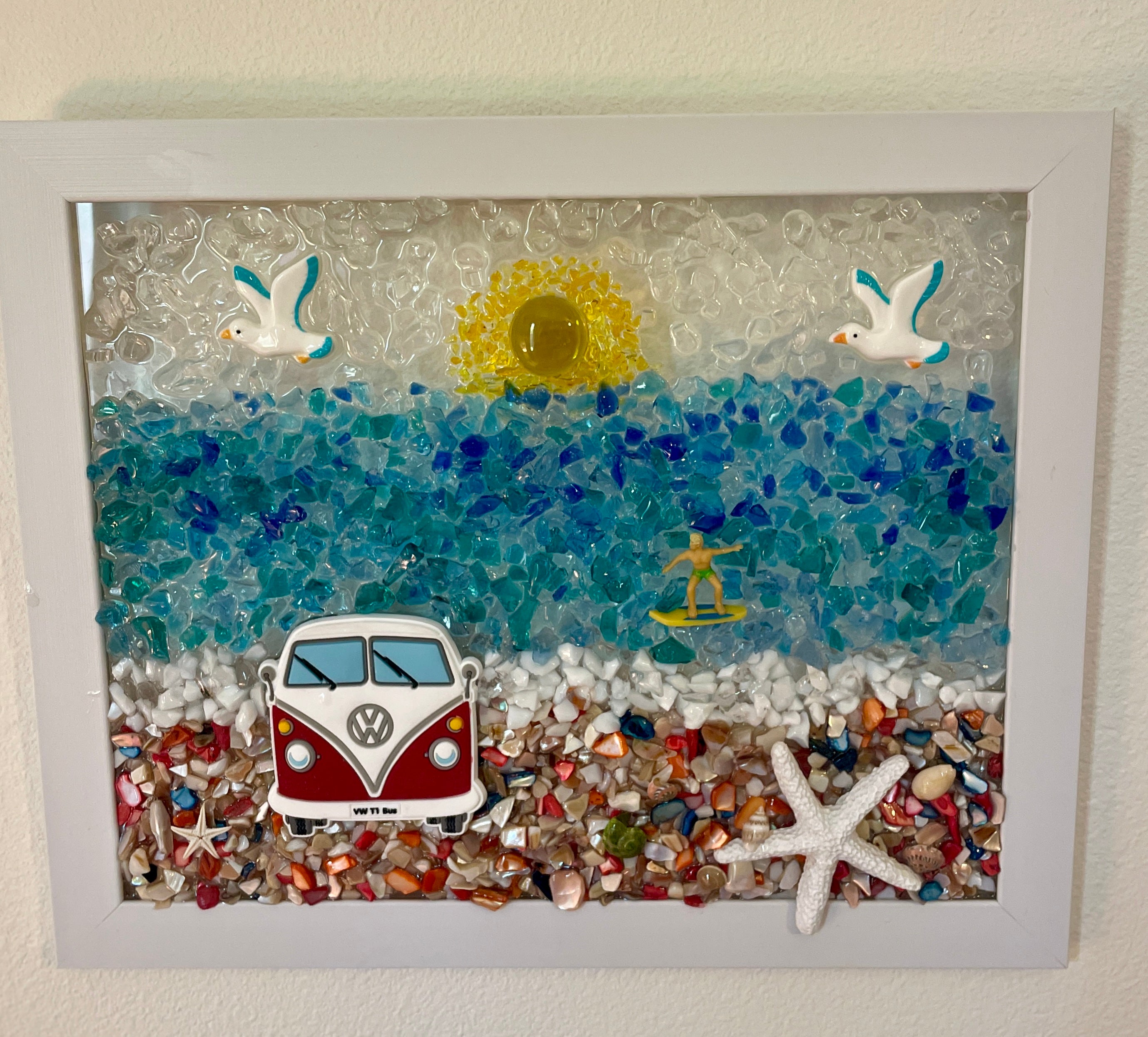 VW Bus Beach Adventure with Surfer - 8x10 Coastal Art