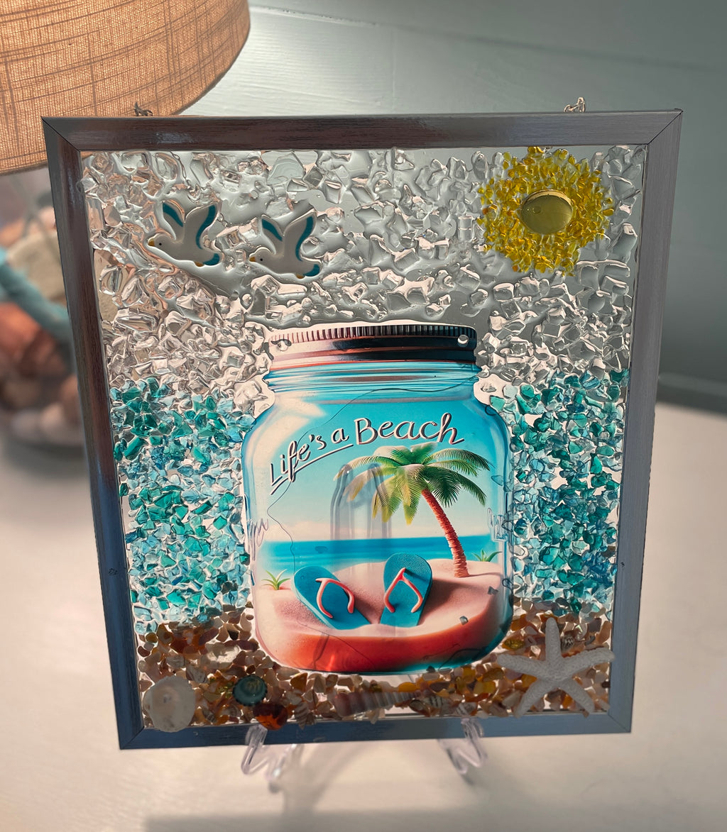Life's a Beach! Crushed Glass Art with Sea Shells and Seagulls - 10" x 12"