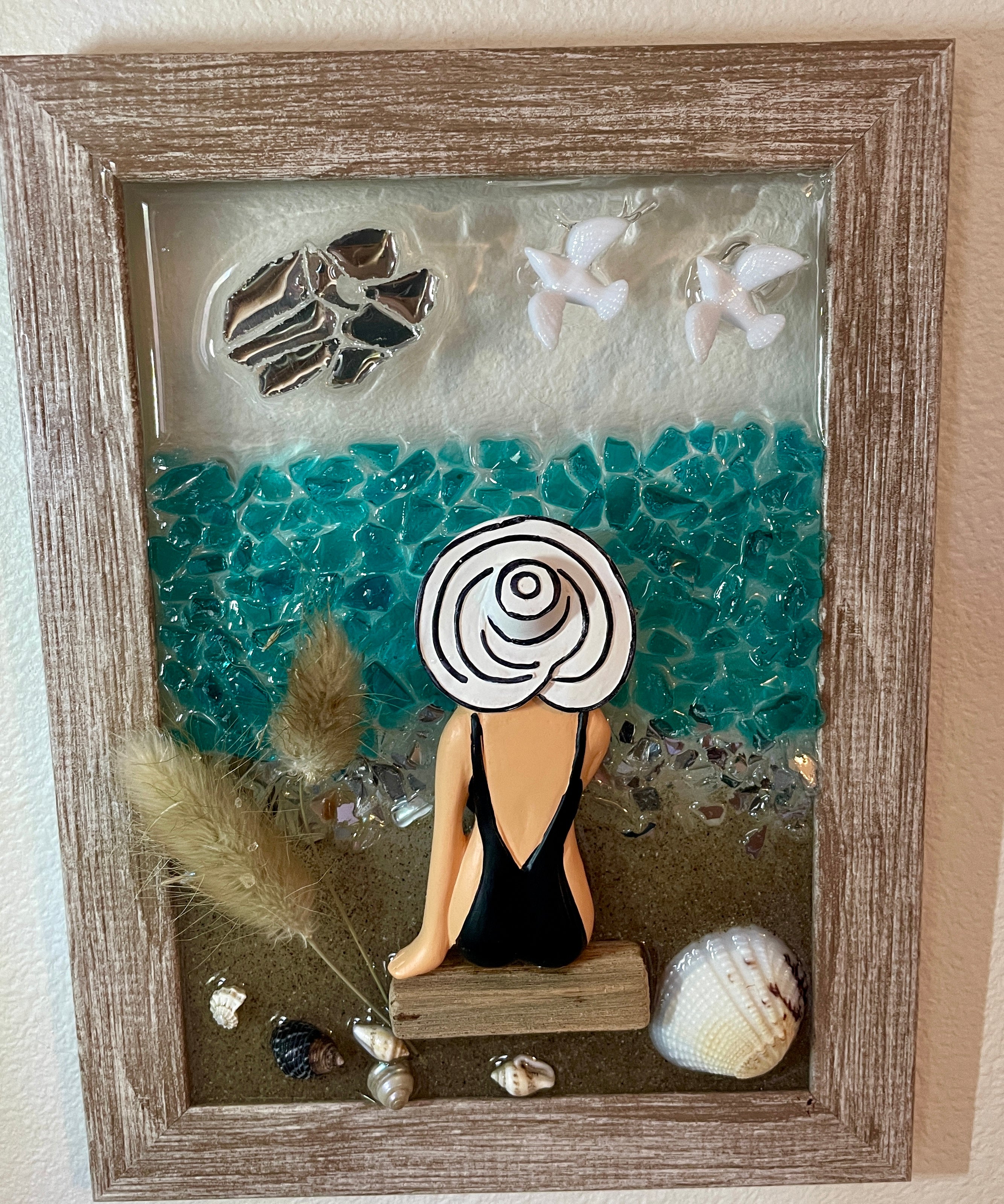 Beach Babe on Driftwood Log - 5x7 Crushed Glass Coastal Art