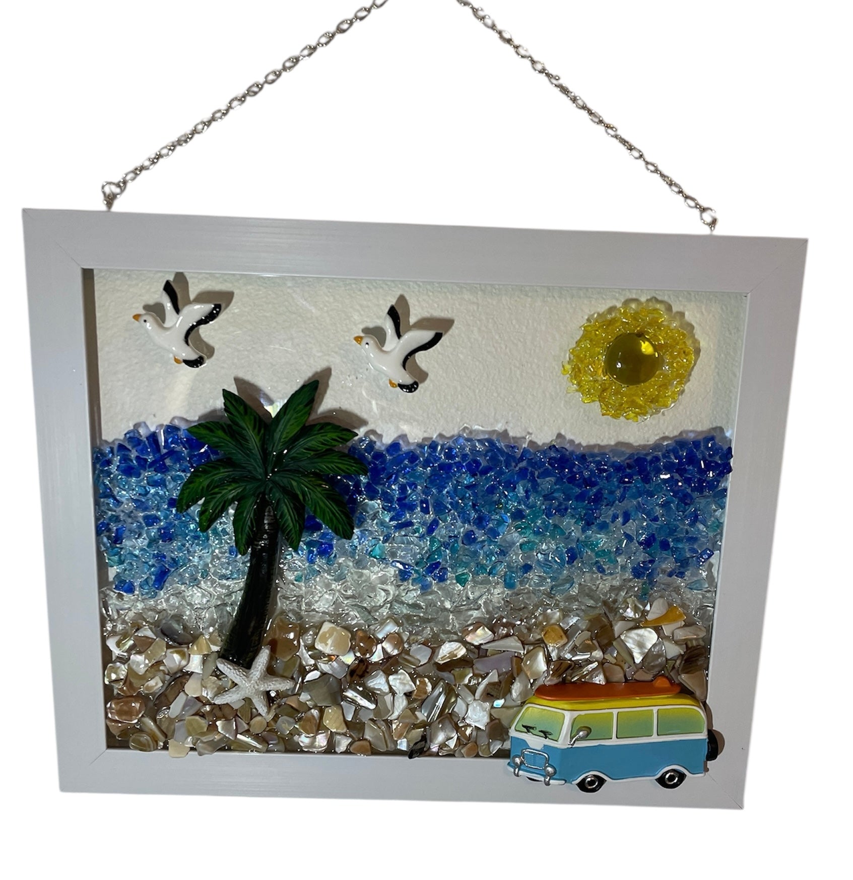 VW Bus Beach Adventure - 8x10 Coastal Art with 3D Resin Bus & Palm Tree and Crushed Glass