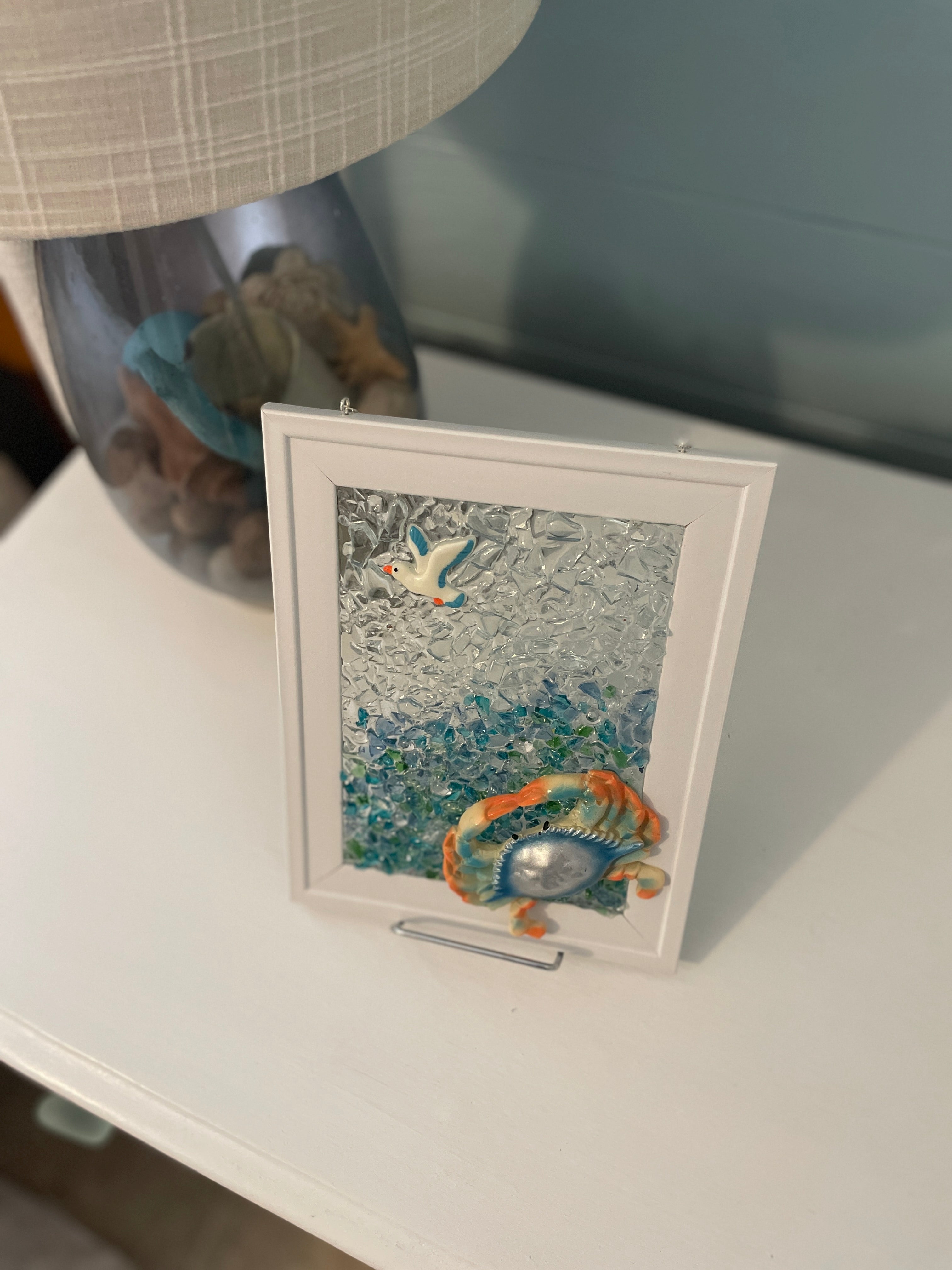 Crab Beach Art | 5x7 Coastal Wall Decor with Crushed Glass