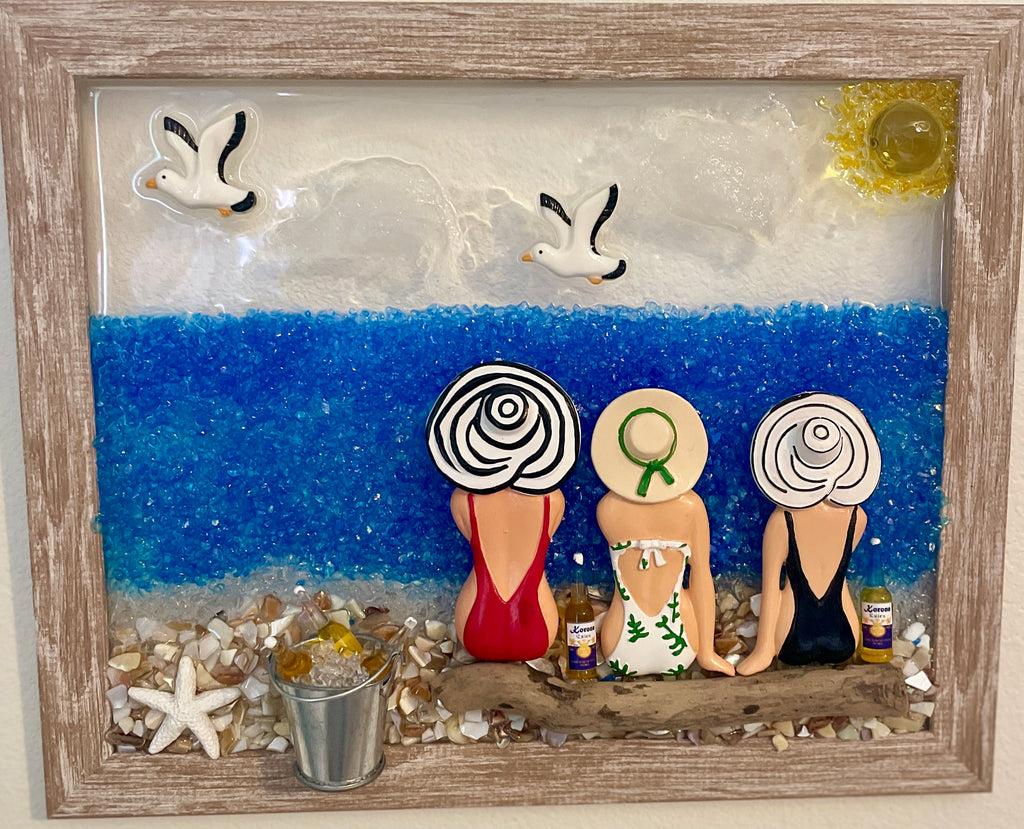 Three (3) Ladies on Beach Log Drinking Beer - 8" x 10" |Beach Vibe