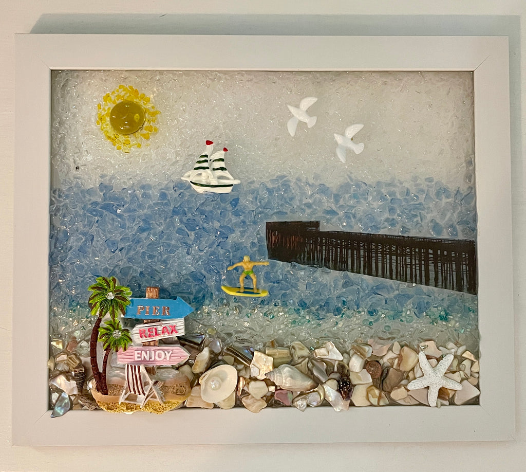 8 x 10 Surfer Riding the Waves by the Pier - Crushed Glass