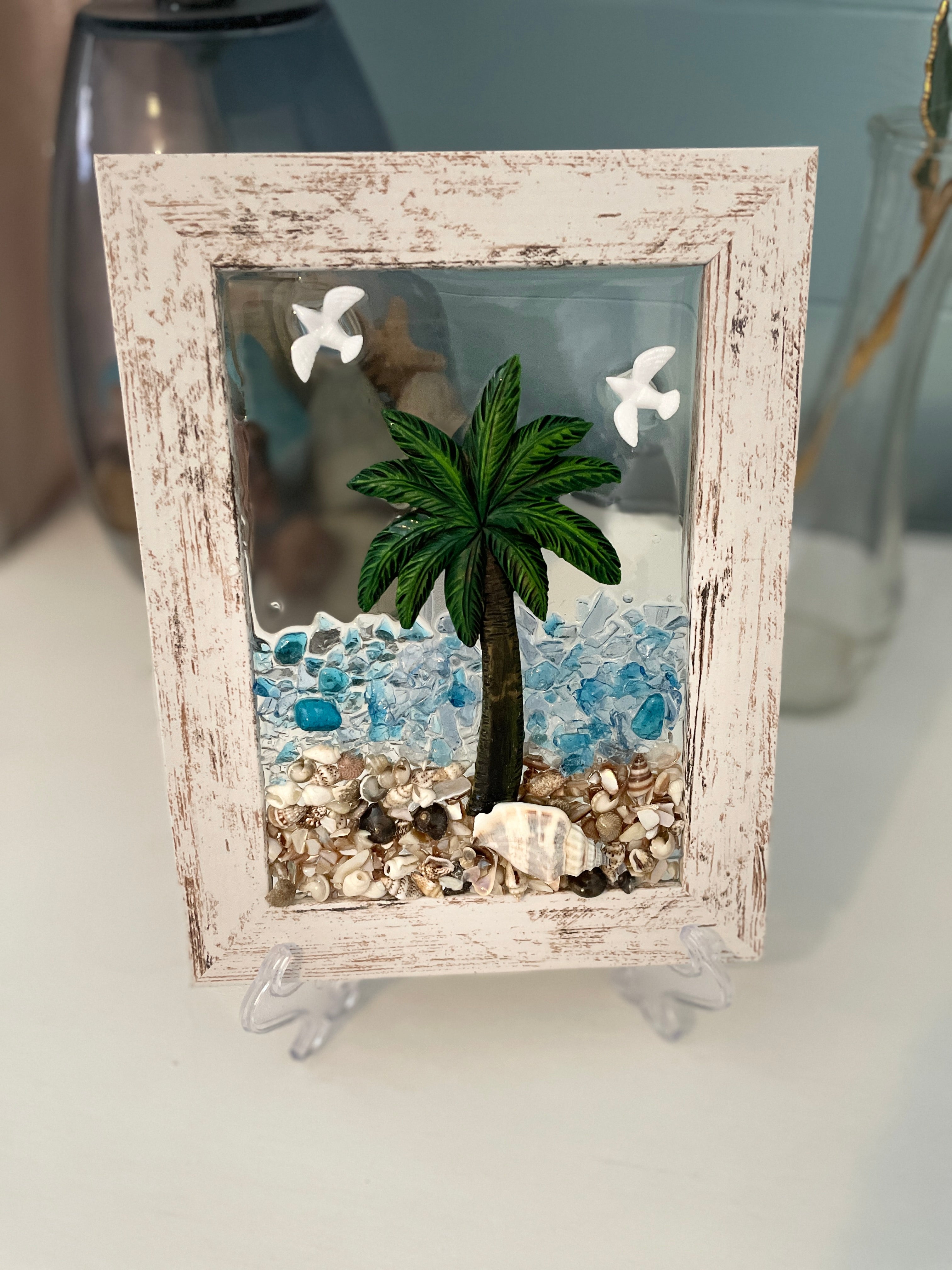 Palm Tree on the Beach with Seagulls - 5" x 7" Coastal Art | Beach Vibe