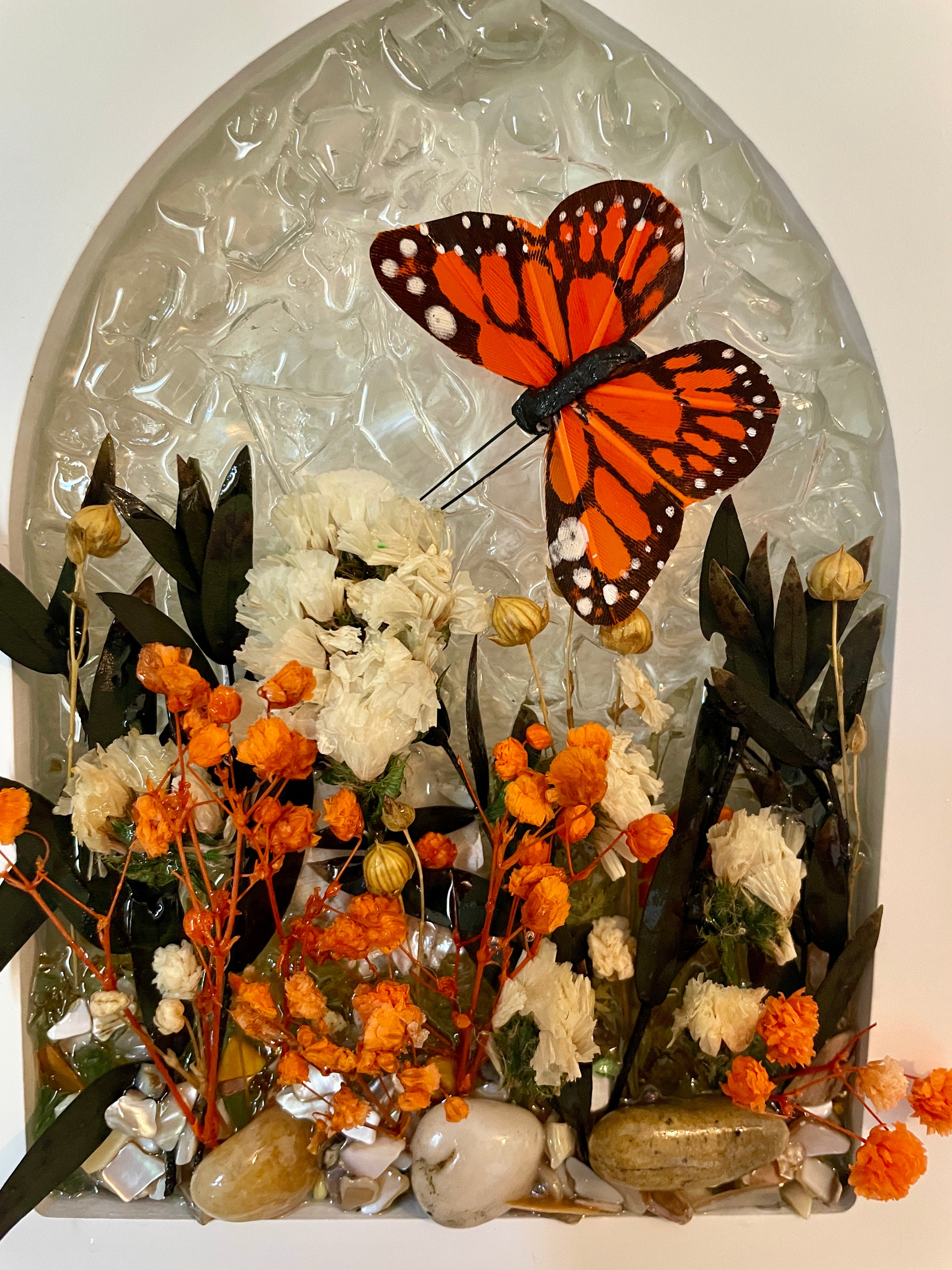 Garden Flowers with 3D Butterfly Crushed Glass Picture - 7" x 9"