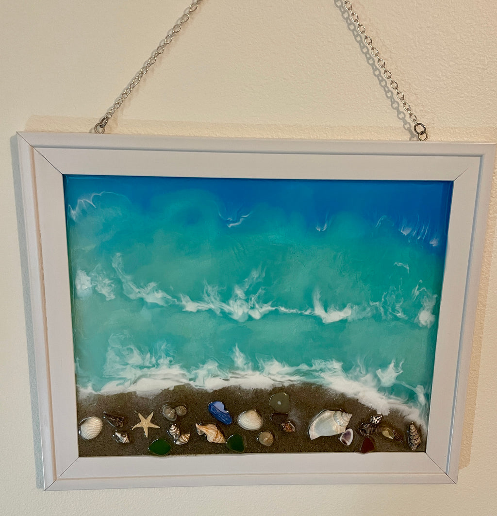 Ocean Scene with Beach shore accented with real sea glass and sea shells - 8" x 10"