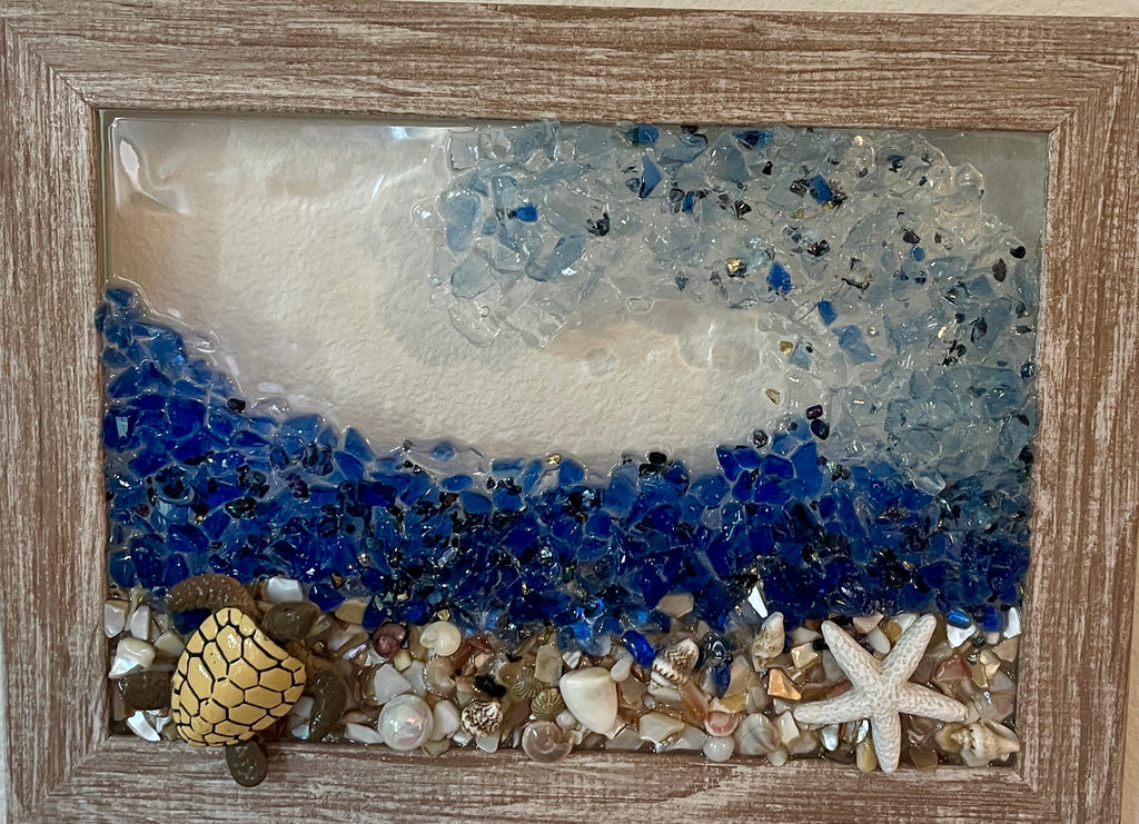 Sea Turtle with an Ocean Wave and resin Starfish - 5" x 7" Crushed Glass Picture