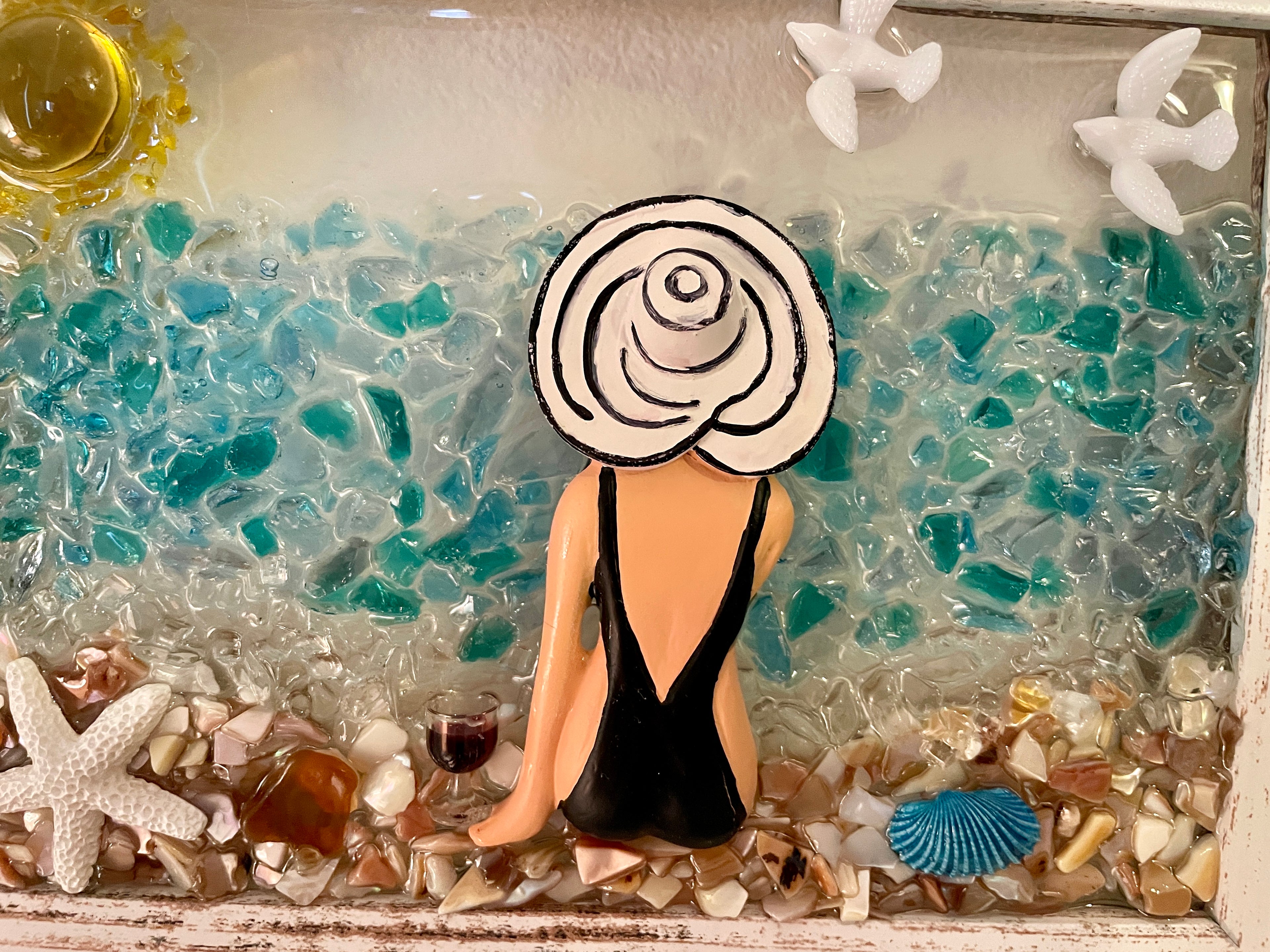 Beach Babe with a Glass of Wine - 5' x 7" Crushed Glass Coastal Art