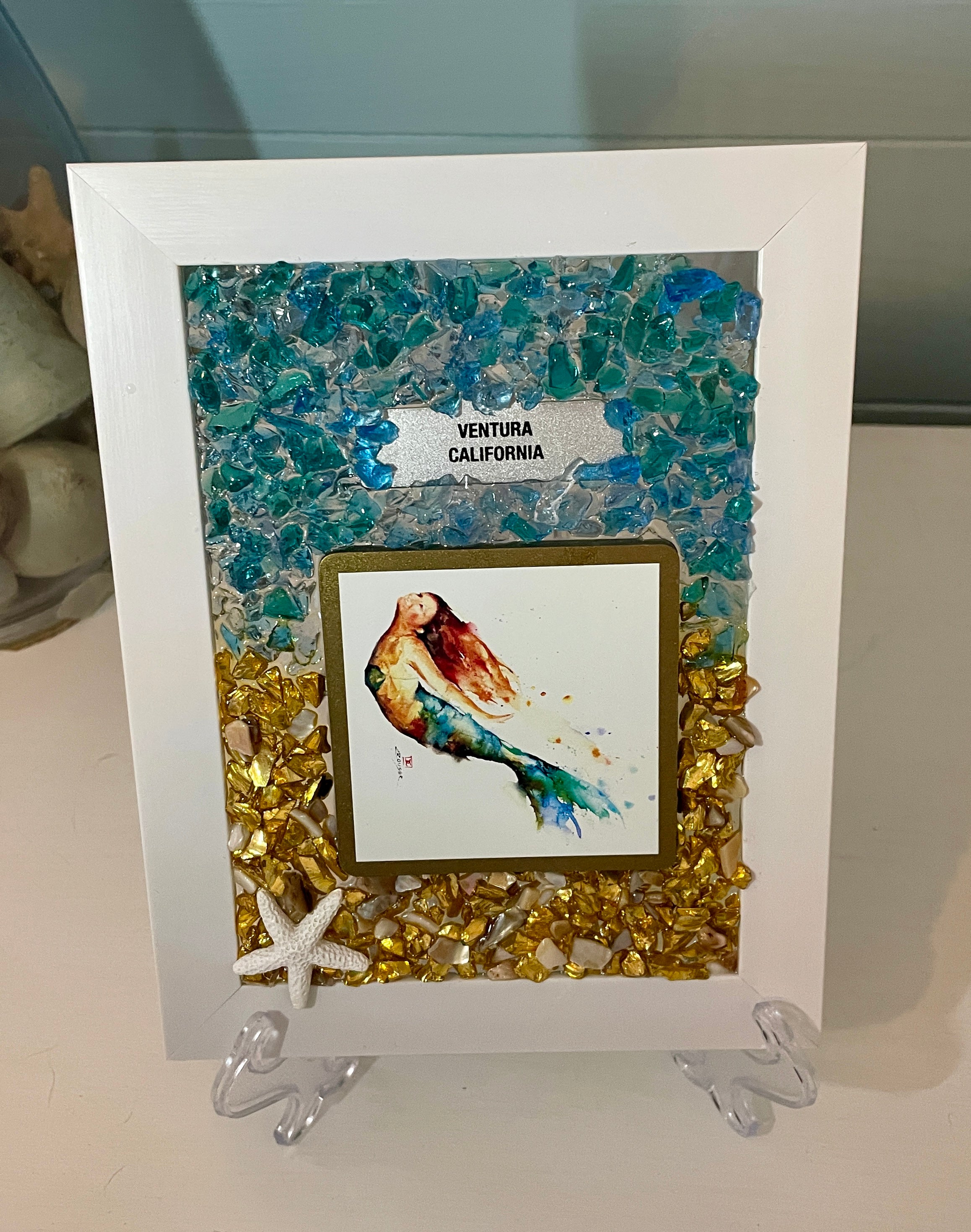 5" x 7" Ceramic Mermaid Coastal Art w/Ventura Sign and Glittering Crushed Glass