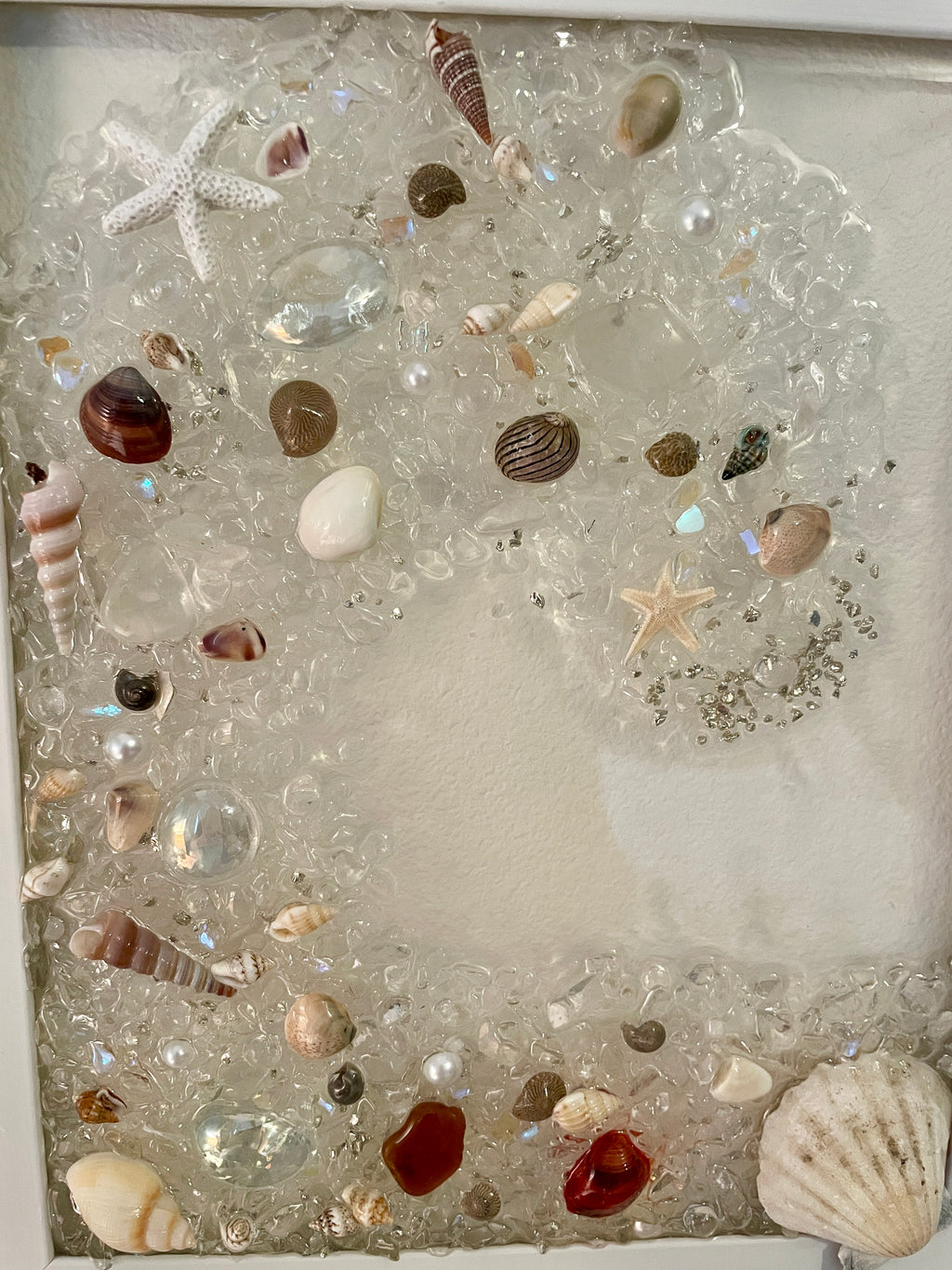 Ocean Wave in White - 8" x 10" Crushed Glass Coastal Art with Shells, Sea Glass & Starfish