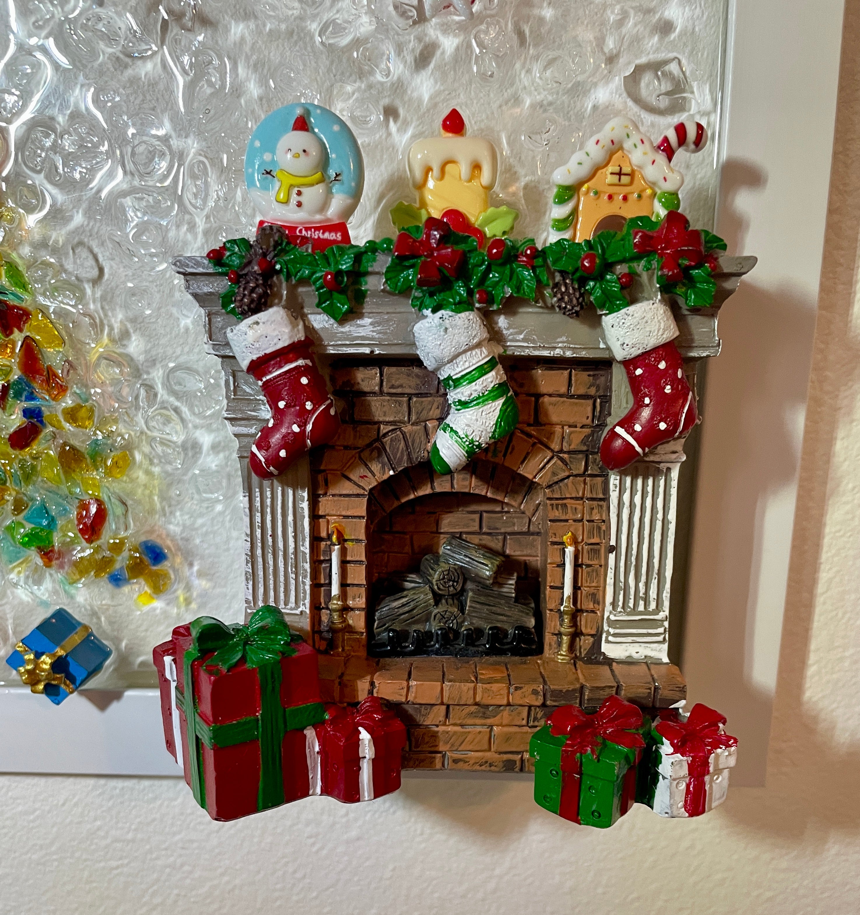 Christmas Scene Crushed Glass Art - Colorful Tree & Cozy Fireplace (8x10)