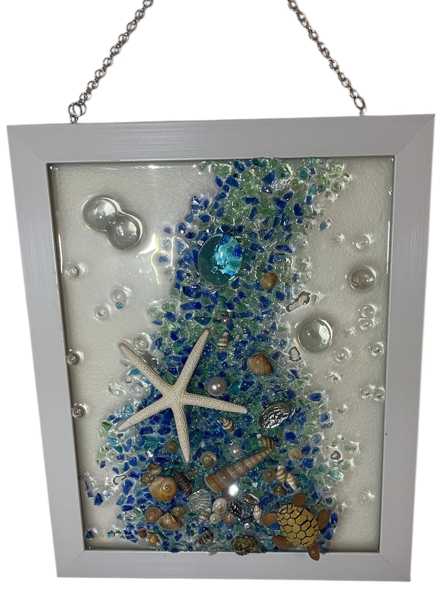 Ocean Waterfall in Blue - 11" x 9" Crushed Glass Coastal Art with Shells, Turtle & Starfish