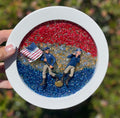 Patriotic Red, White & Blue Crushed Glass Picture – 7" x 7" Round Frame