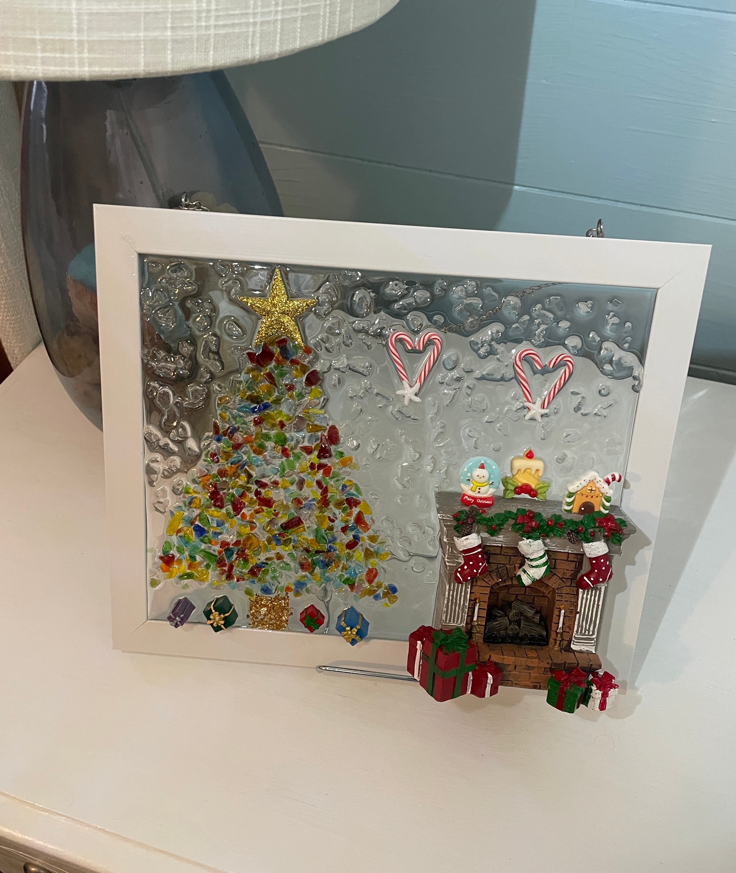 Christmas Scene Crushed Glass Art - Colorful Tree & Cozy Fireplace (8x10)