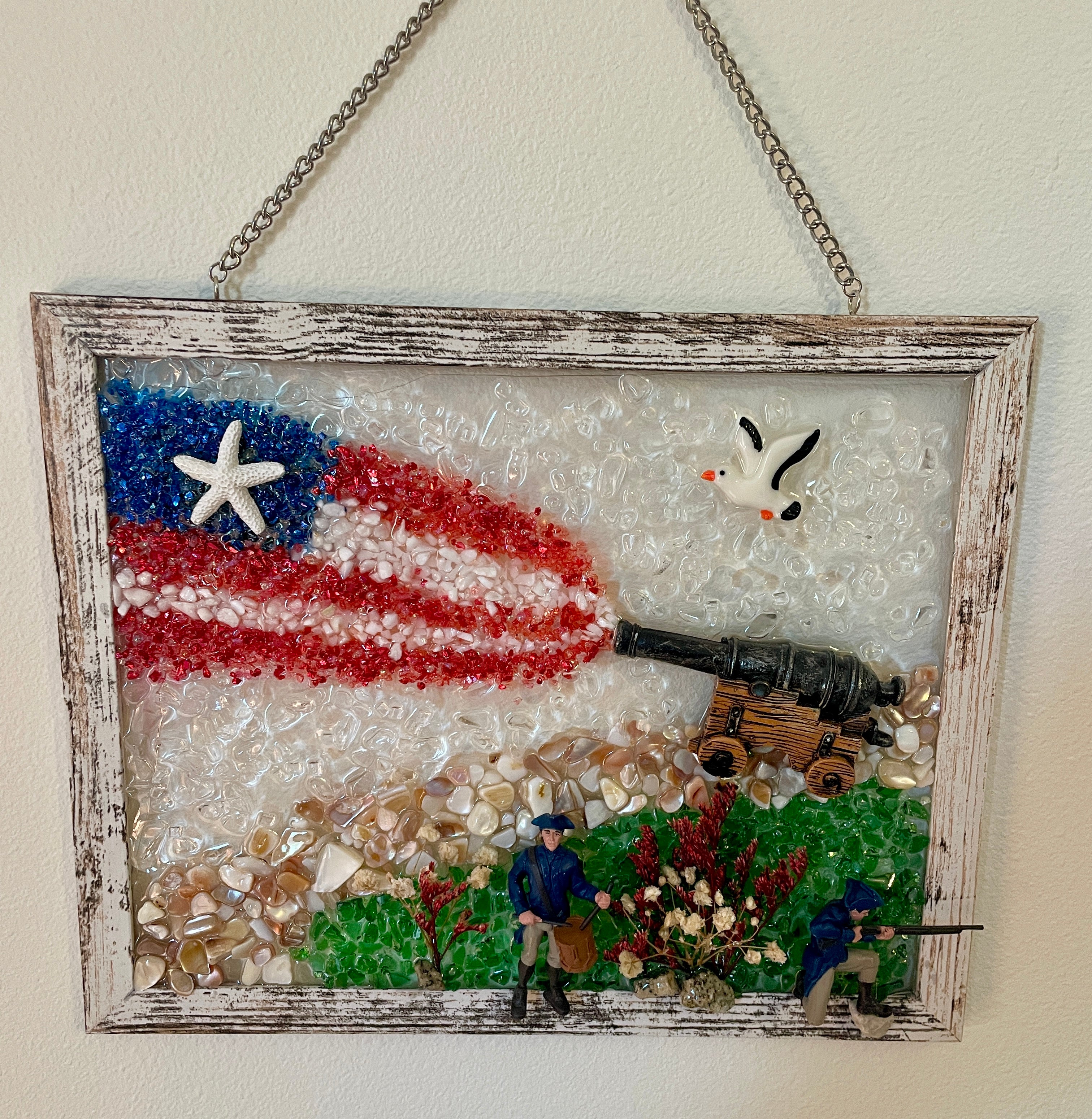 Patriotic Cannon with American Flag - 8" x 10" Crushed Glass & Shell Art