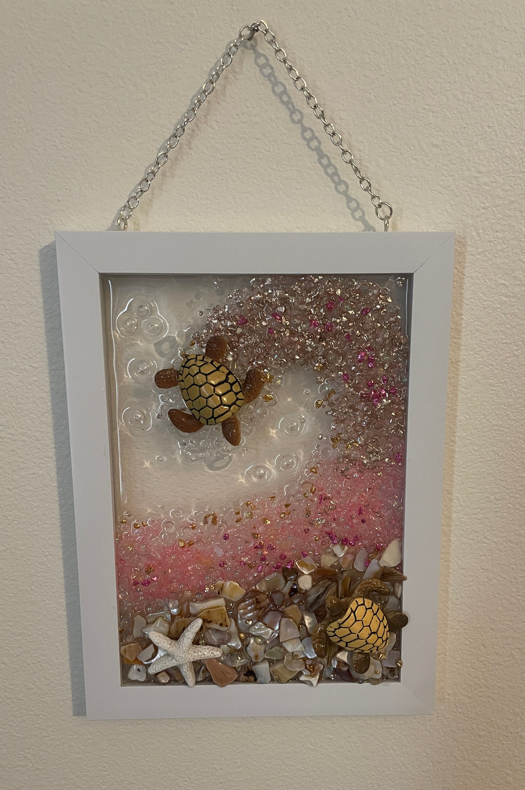 Sea Turtles Playing in Ocean Surf - 5x7 Coastal Crushed Glass Art