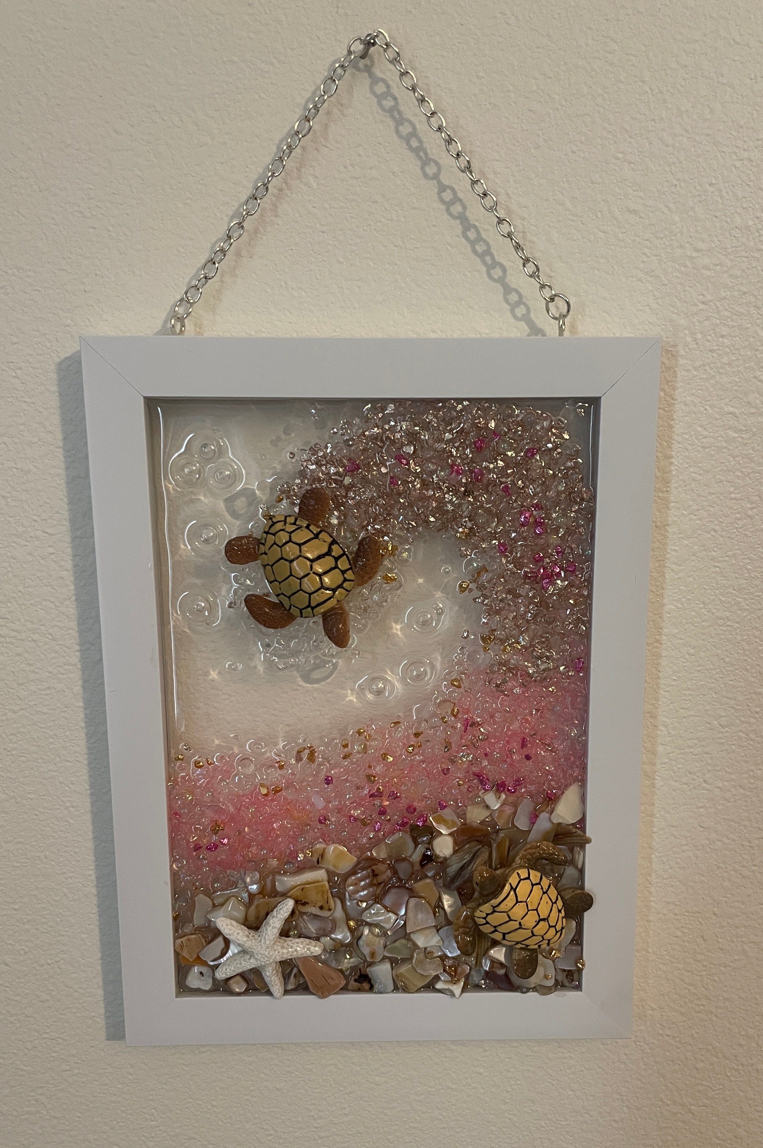 Sea Turtles Playing in Ocean Surf - 5x7 Coastal Crushed Glass Art