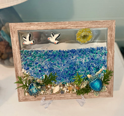 8" x 10" - Beach wave with turtles, starfish and a seagull flying by - Crushed Glass