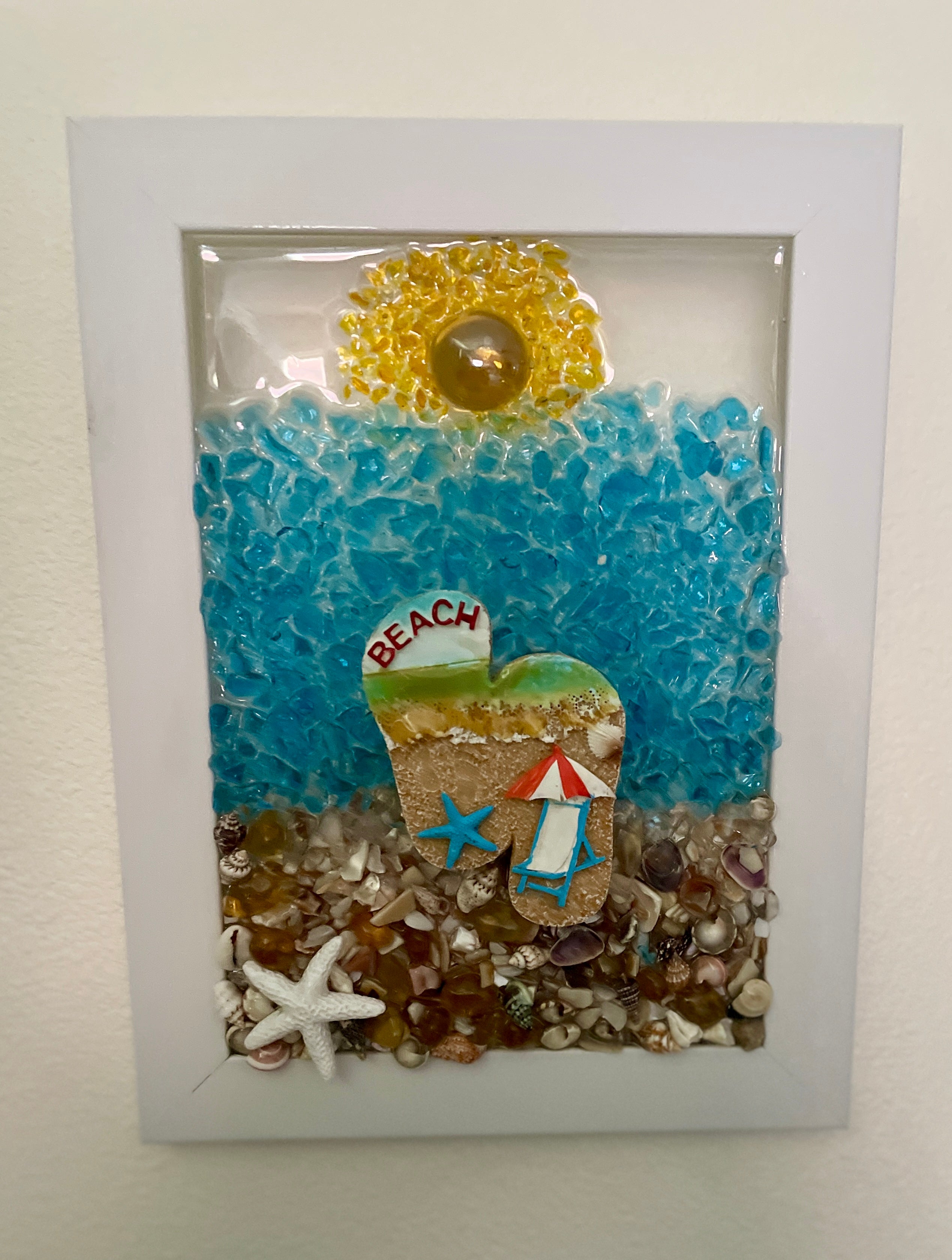 Beach Sandals on Sand - 5" x 7" Crushed Glass Coastal Art | Beach Vibe