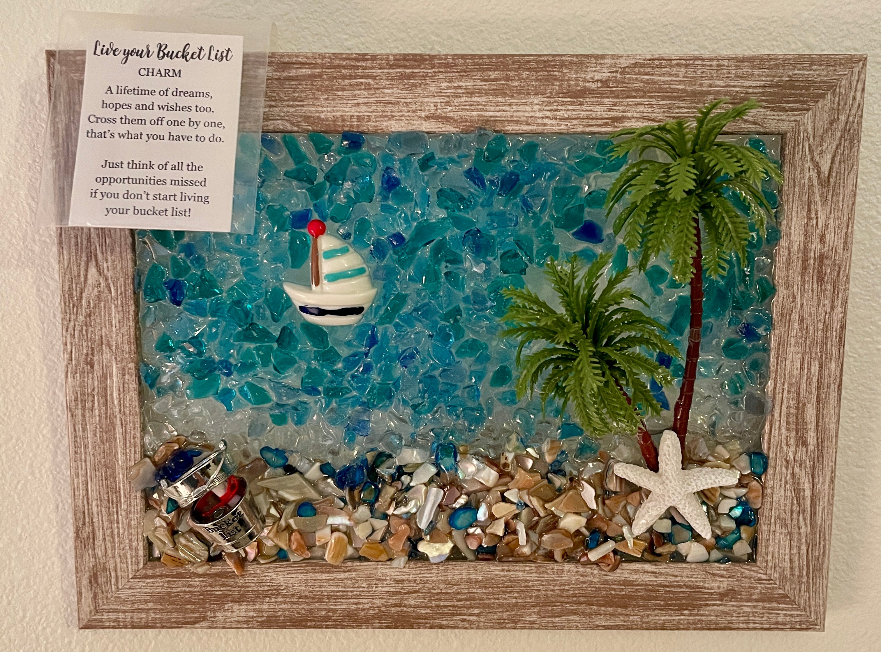 Beach Scene with Boat, Palm Trees and "Bucket List" - 5" x 7" Crushed Glass Coastal Art