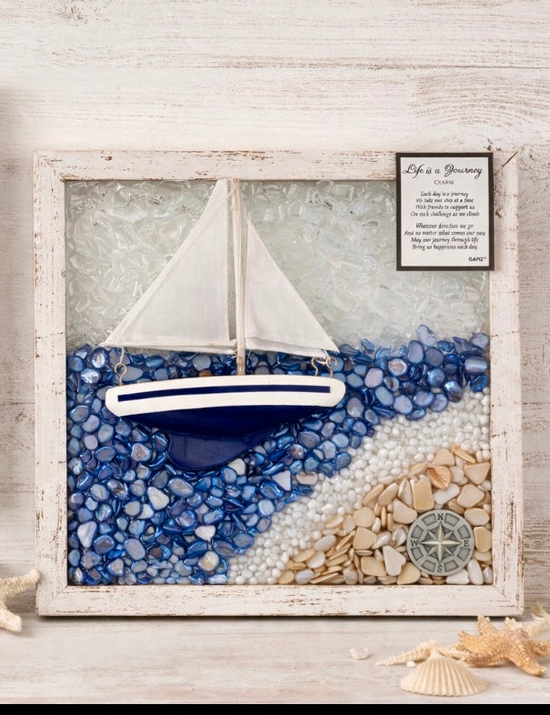 "Life is a Journey" Sailboat - 8x10 Inspirational Coastal Crushed Glass Art