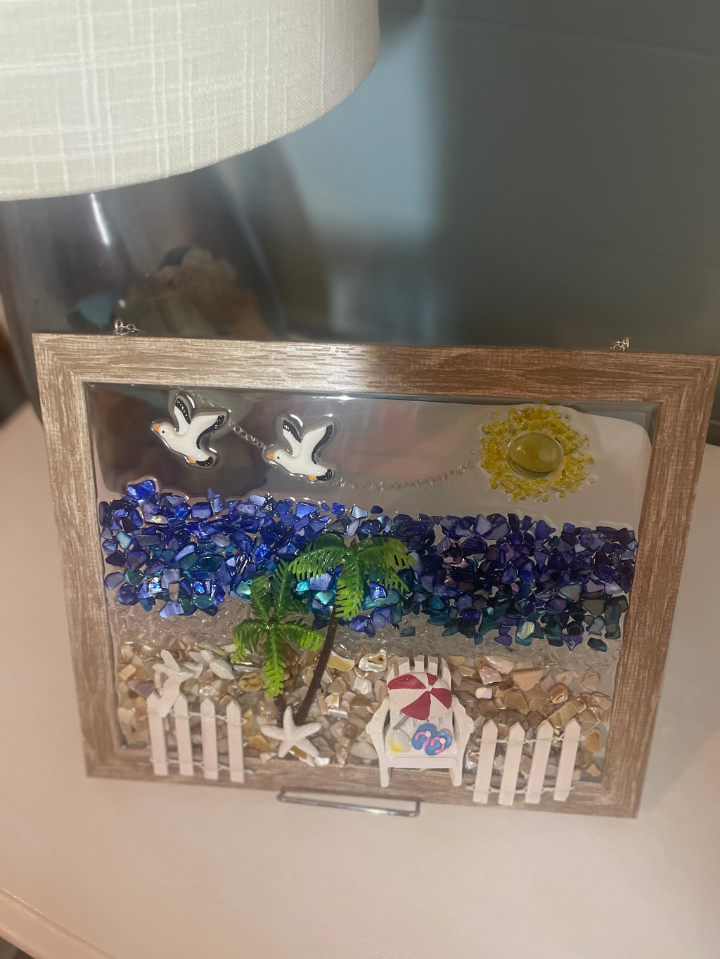 Beach Chair Paradise Crushed Glass Art - Palm Trees & Seagulls (8" x 10")
