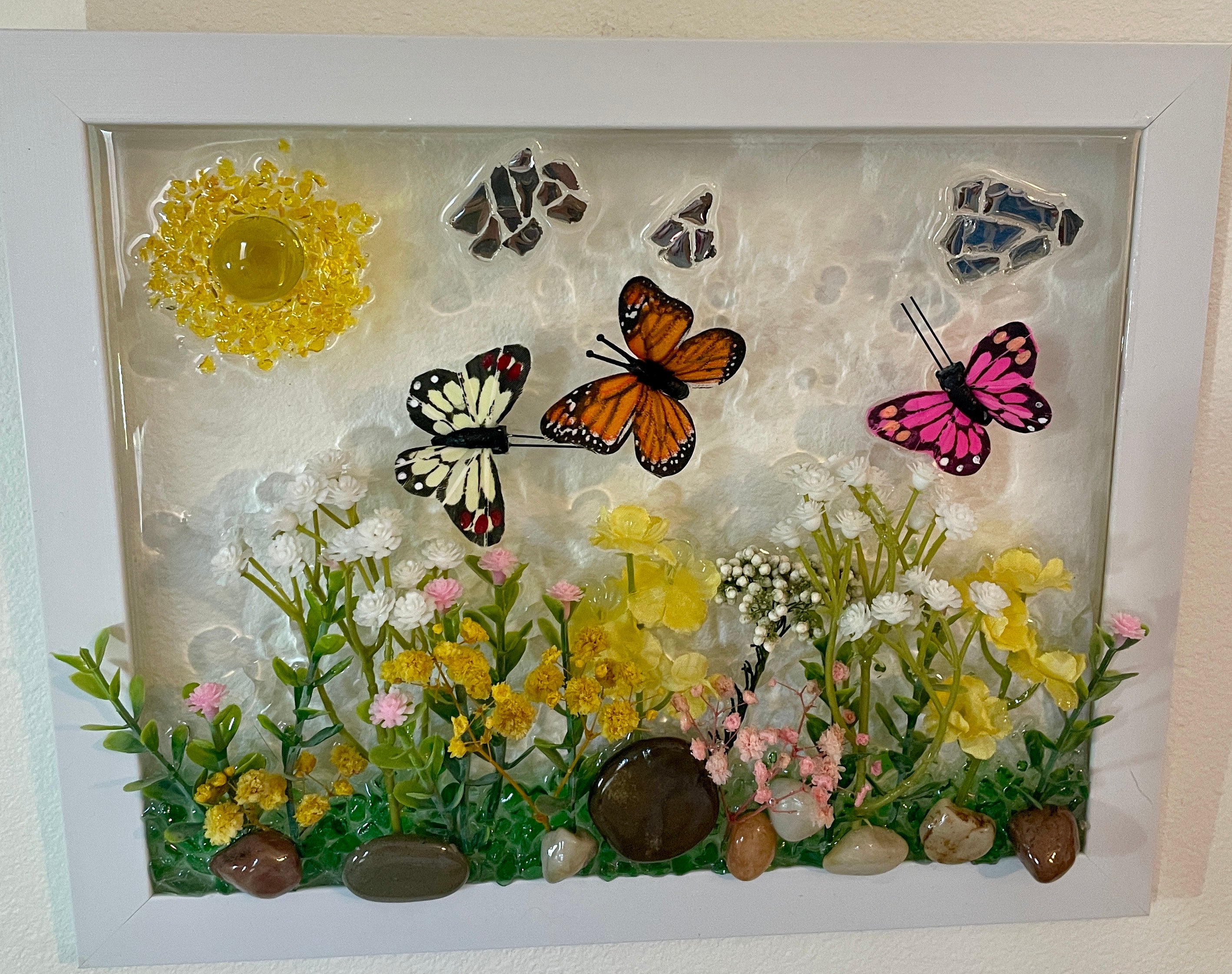 Garden Flowers with 3D Butterflies Crushed Glass Picture - 8" x 10"