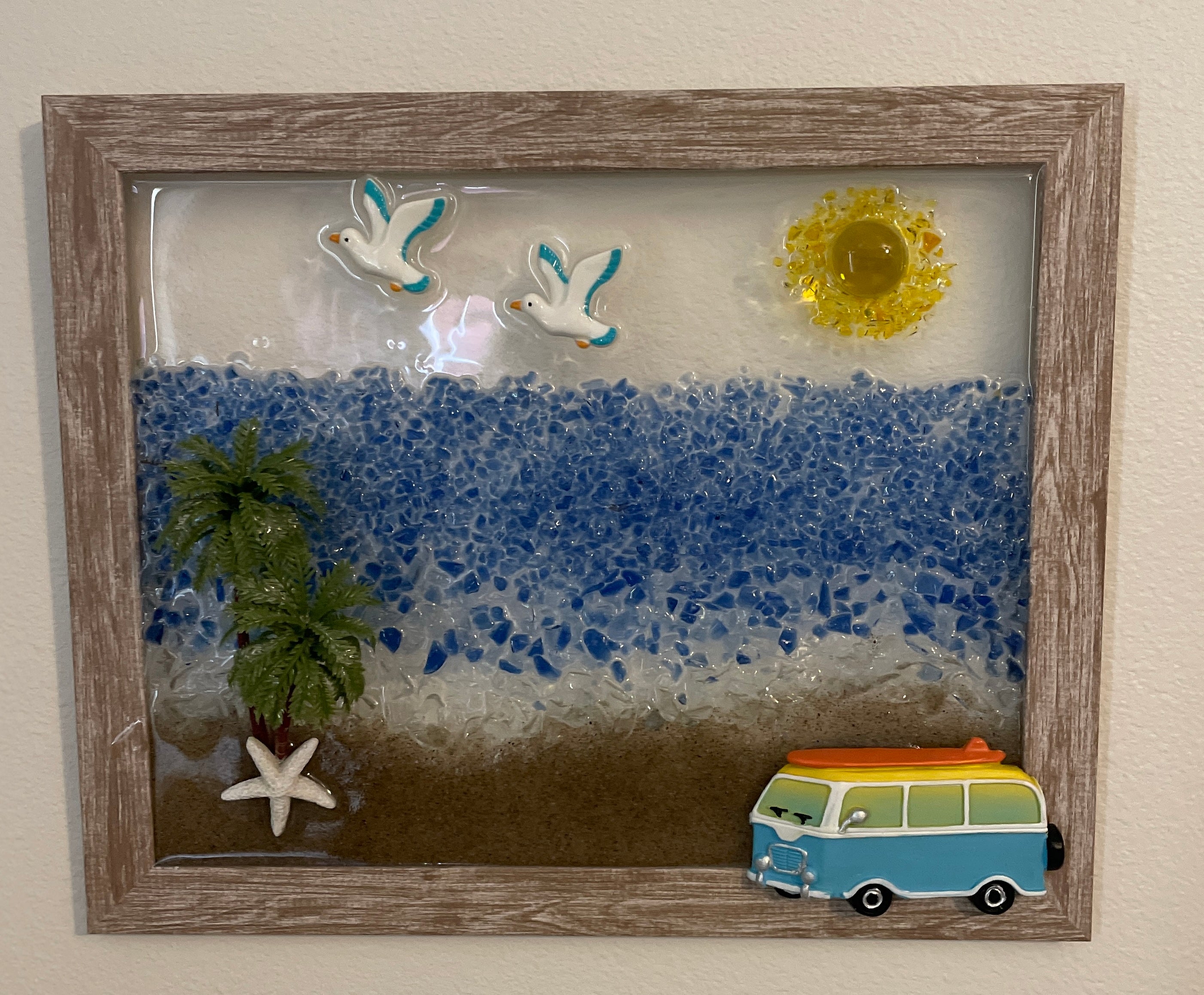 VW Bus Beach Adventure - 8x10 Coastal Art with 3D Resin Bus & Palm Tree and Crushed Glass