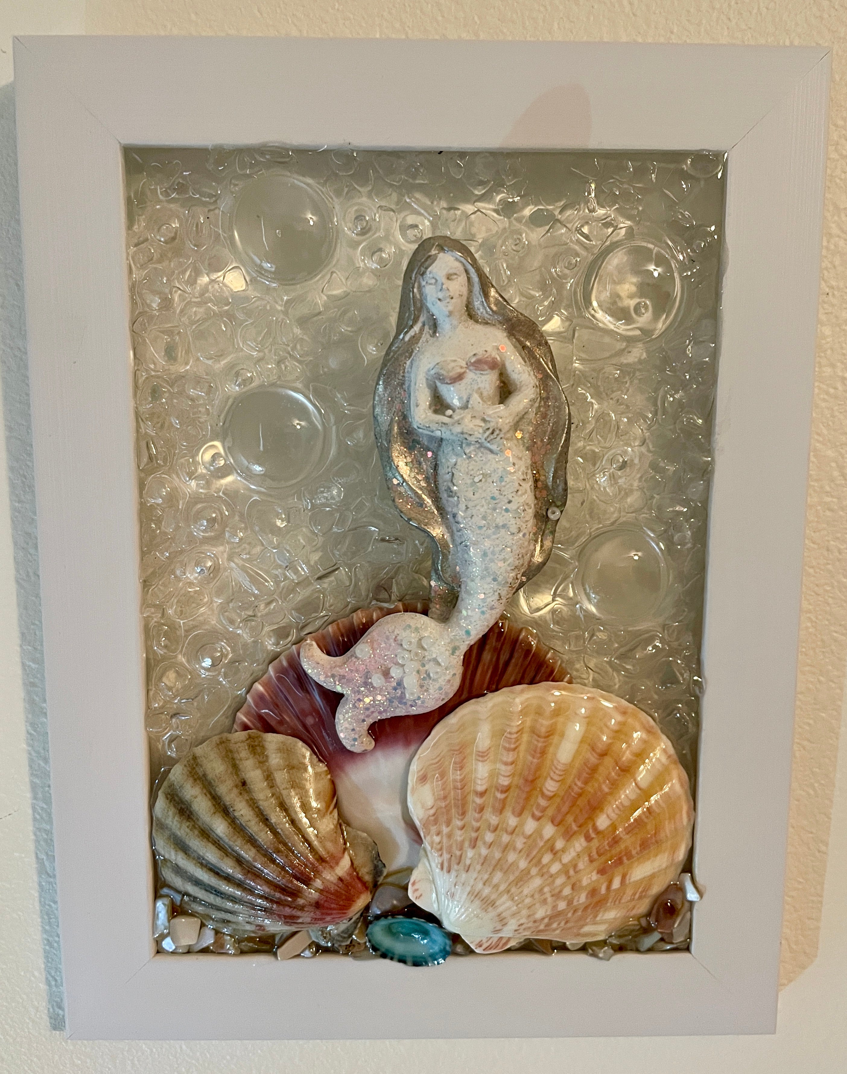Ceramic Mermaid Coastal Art w/Large Shells and Glittering Crushed Glass - 5" x 7"