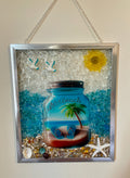 Life's a Beach! Crushed Glass Art with Sea Shells and Seagulls - 10" x 12"