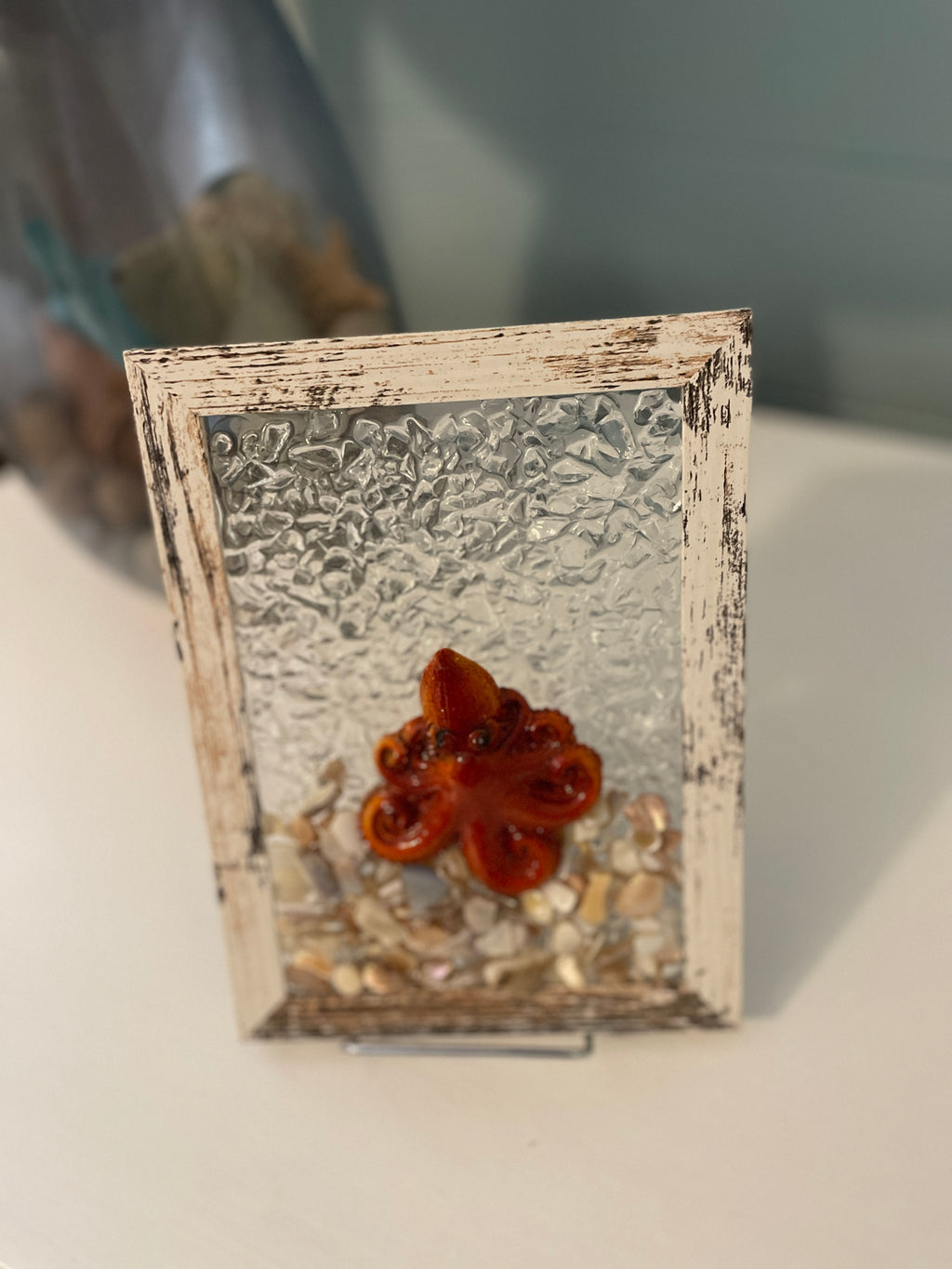 Octopus on Sandy Beach - 5x7 Coastal Crushed Glass Art