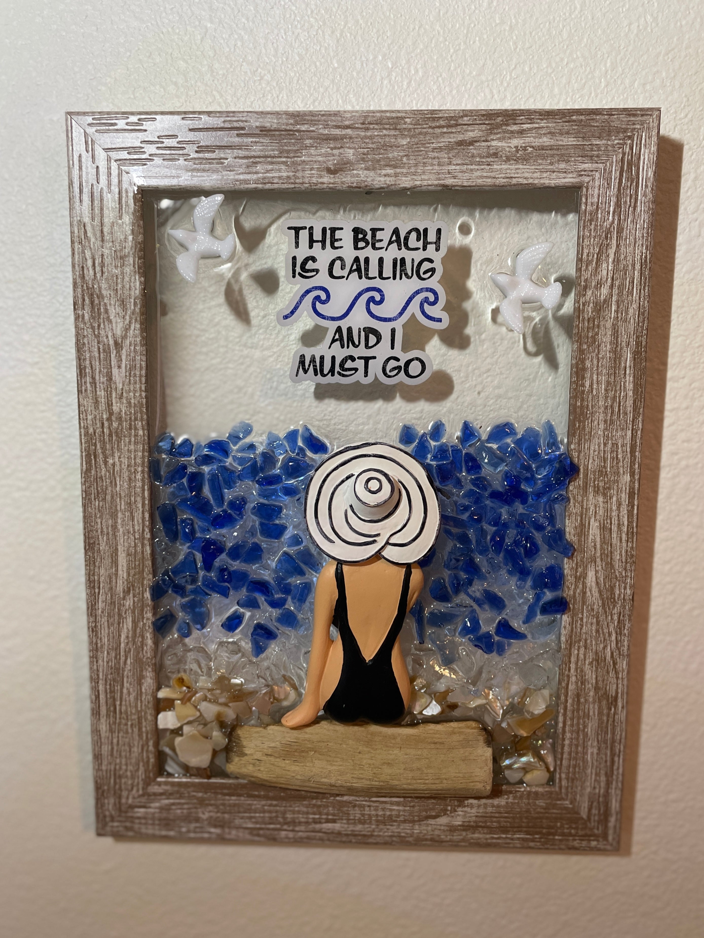 Beach Calling Crushed Glass Art - Beach Lady Quote (5" x 7")