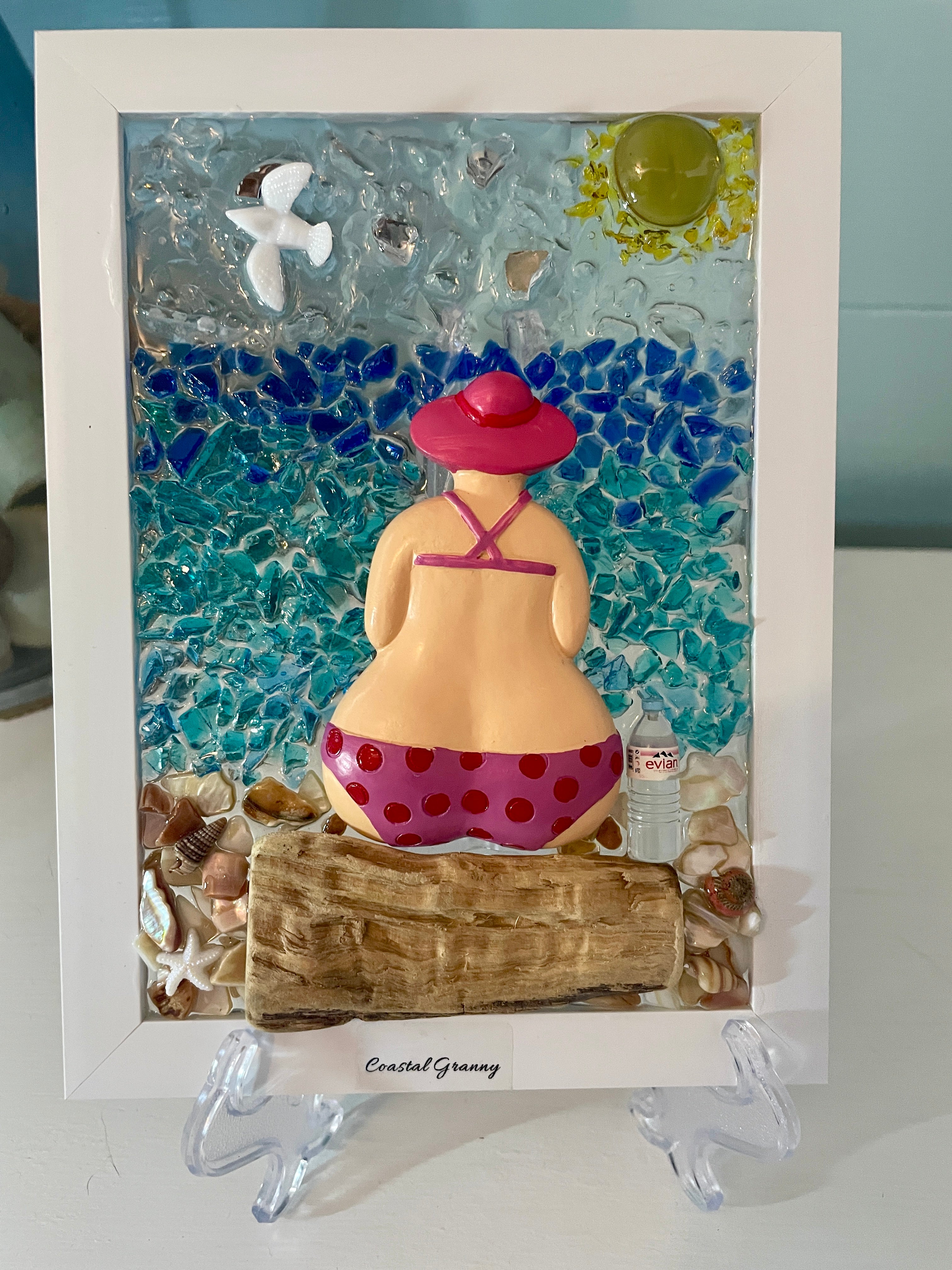 Coastal Granny Beach Scene - 5" x 7" Handcrafted Art with Crushed Glass