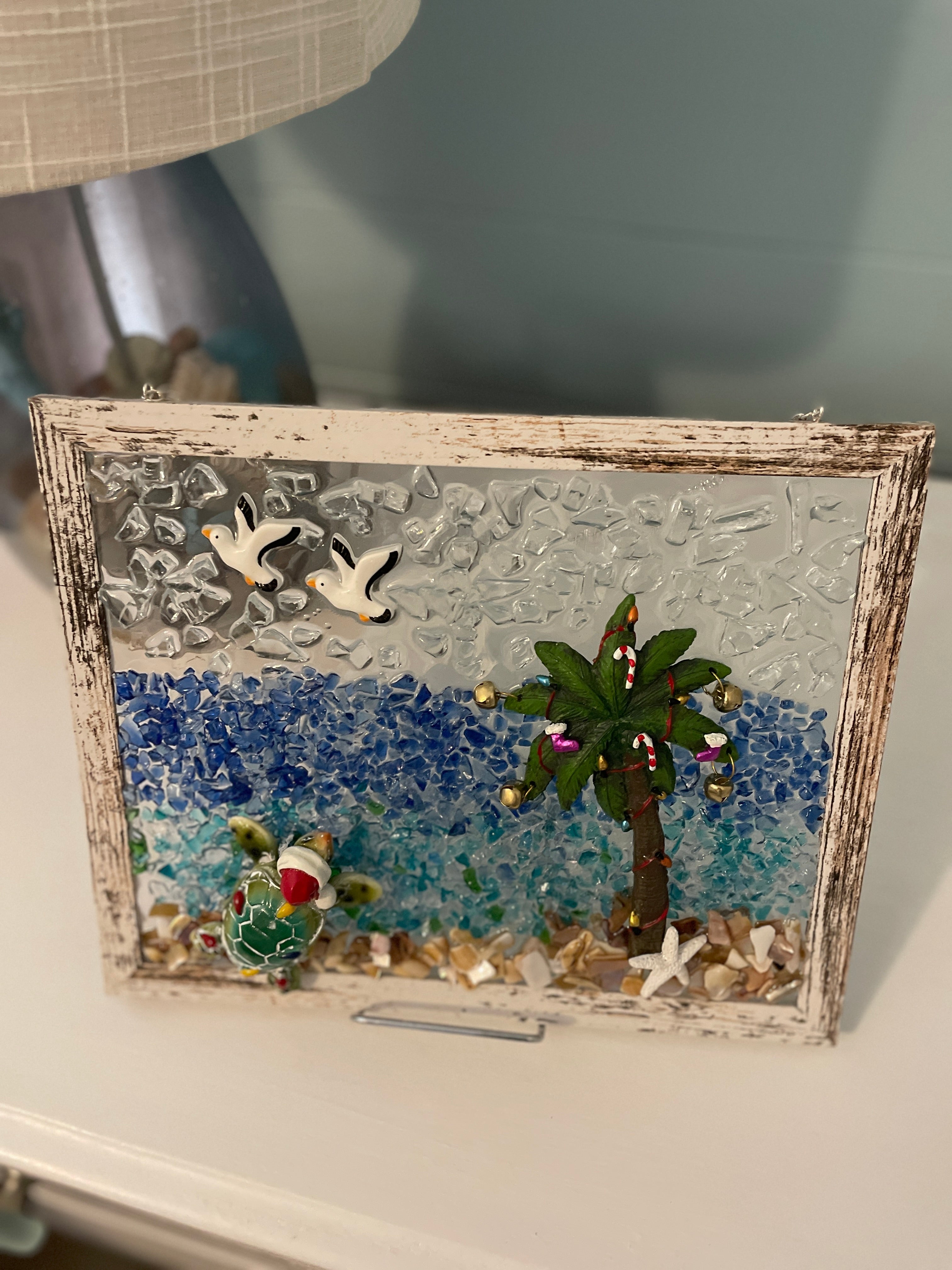 Christmas Sea Turtle with Santa Hat & Palm Tree - 8x10 Coastal Holiday Crushed Glass Art