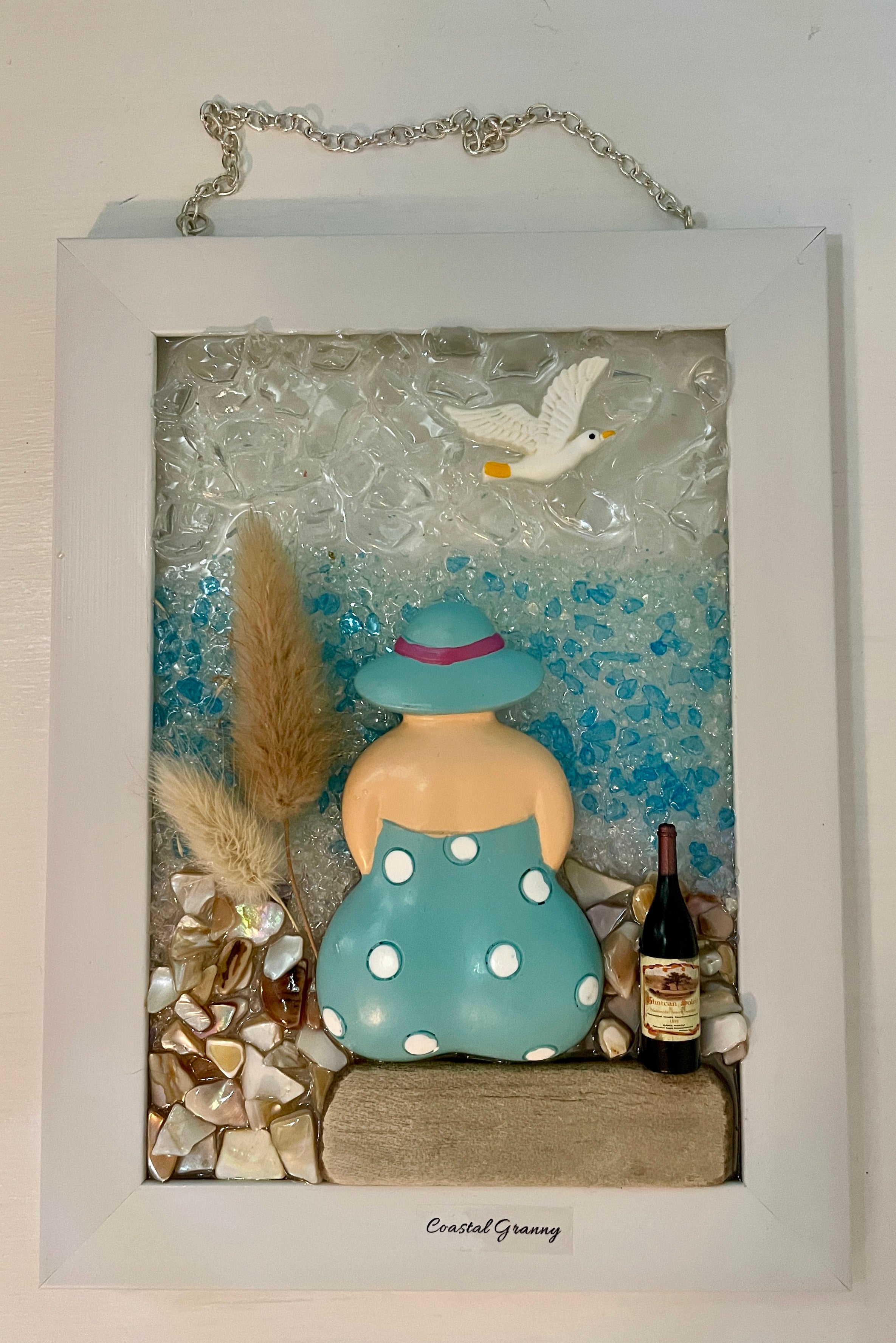 Coastal Granny Beach Scene - 5x7 Handcrafted Art with Crushed Glass