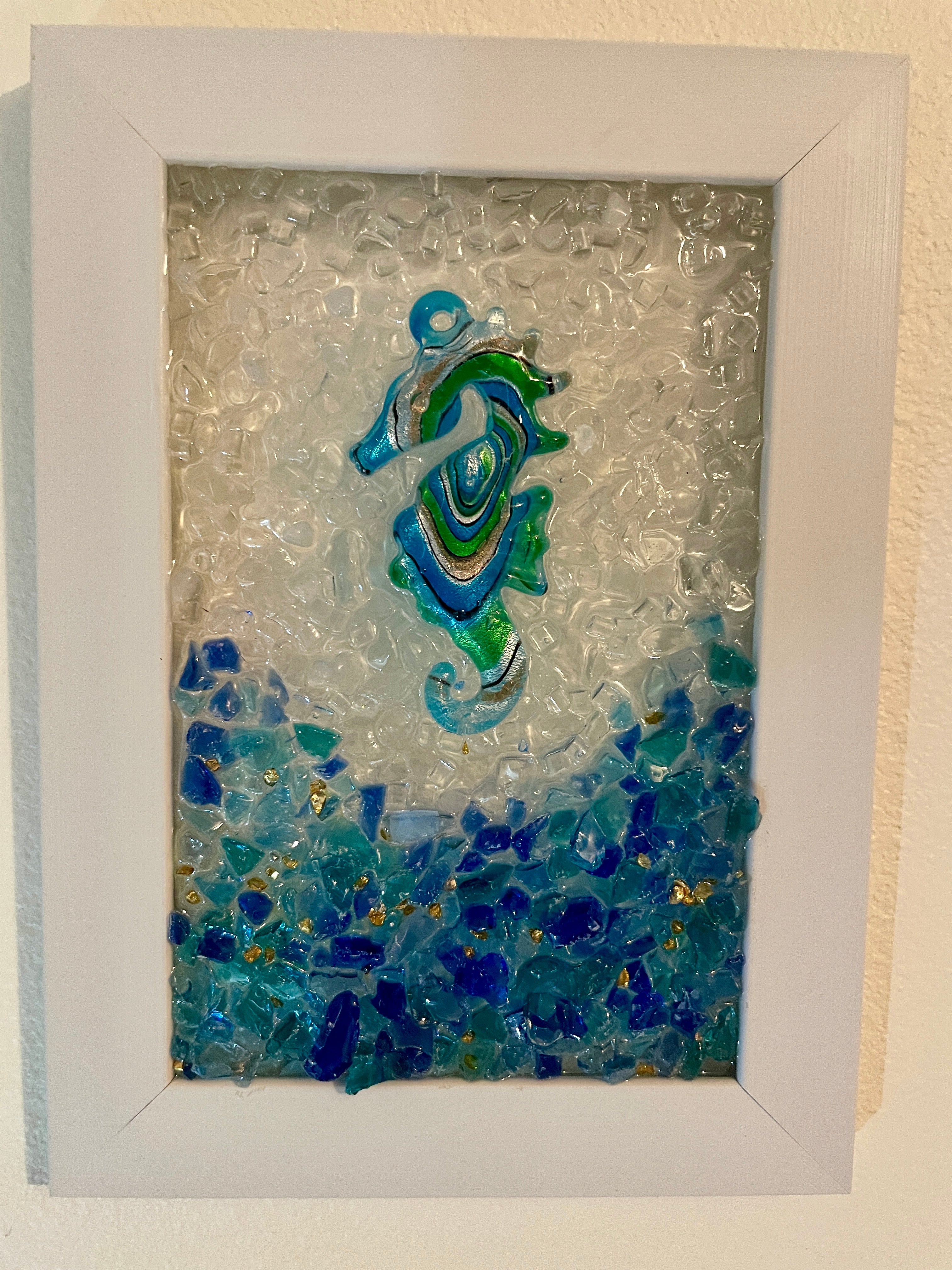 Seahorse Crushed Glass Art - 5" x 7" Coastal Decor with Resin Seahorse