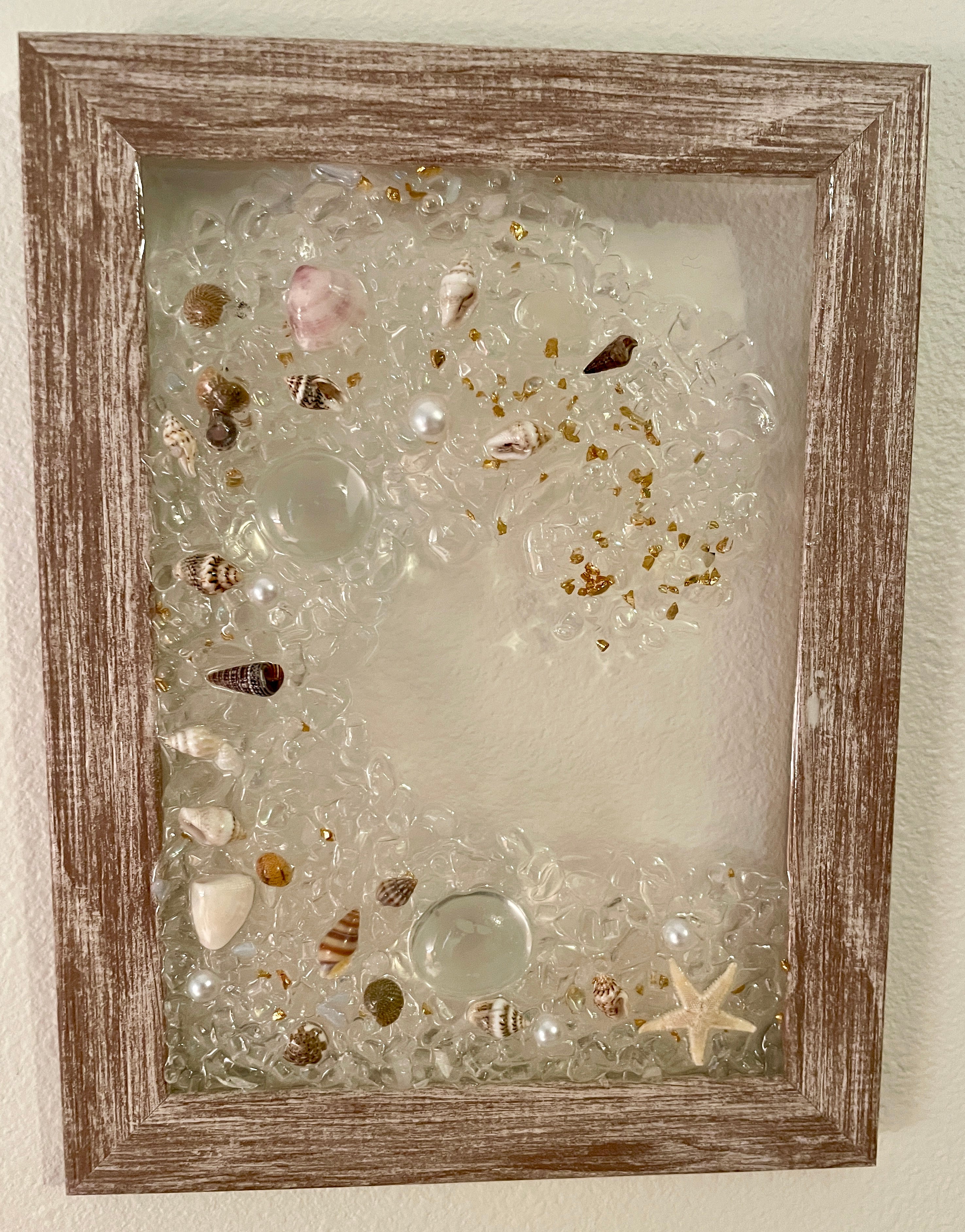 Ocean Wave in White - 5" x 7" Crushed Glass Coastal Art with Shells, Sea Glass & Starfish