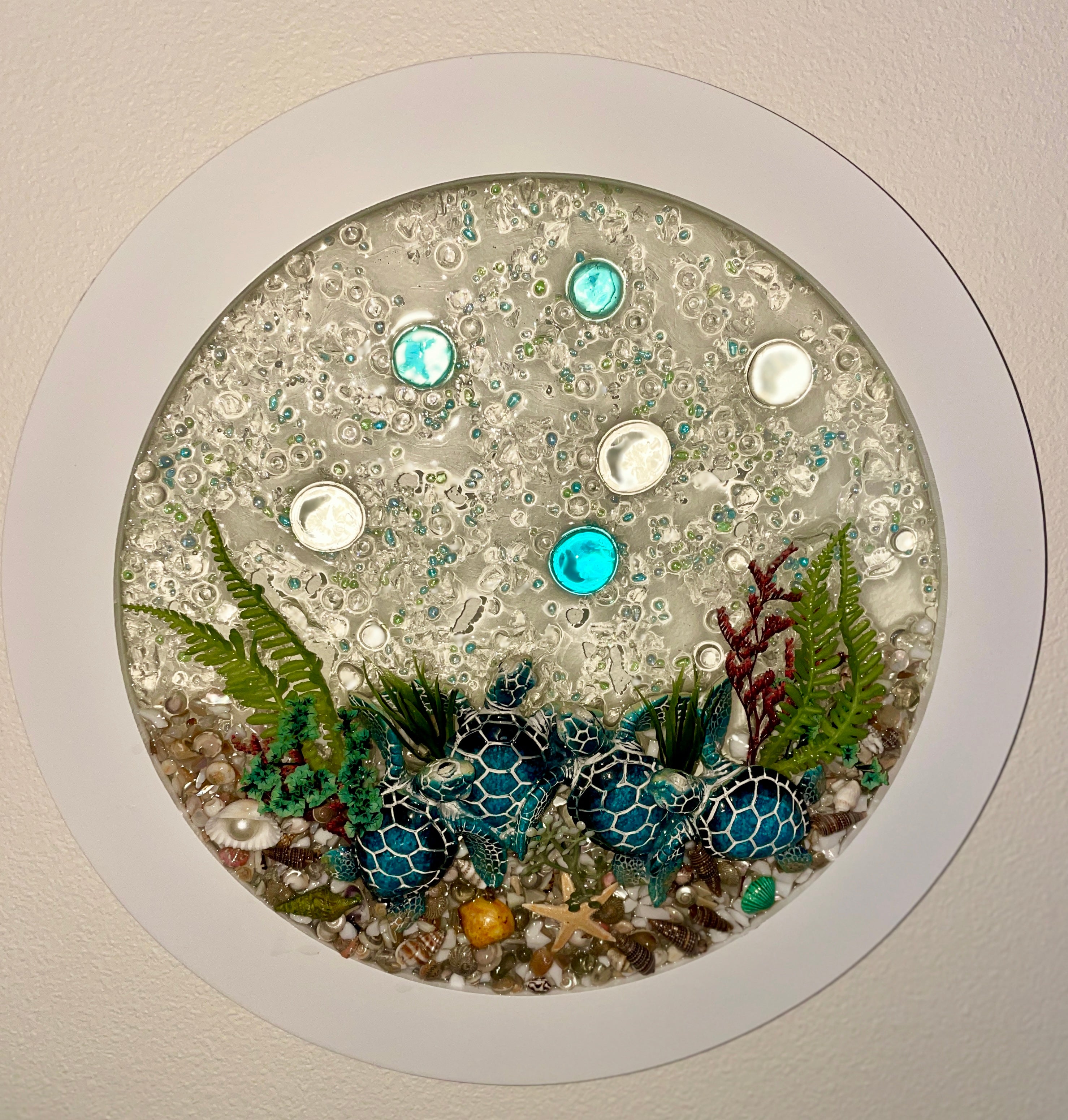 Round Frame with Turtles in the Ocean – 7" x 7" Coastal Wall Art | Beach Vibe