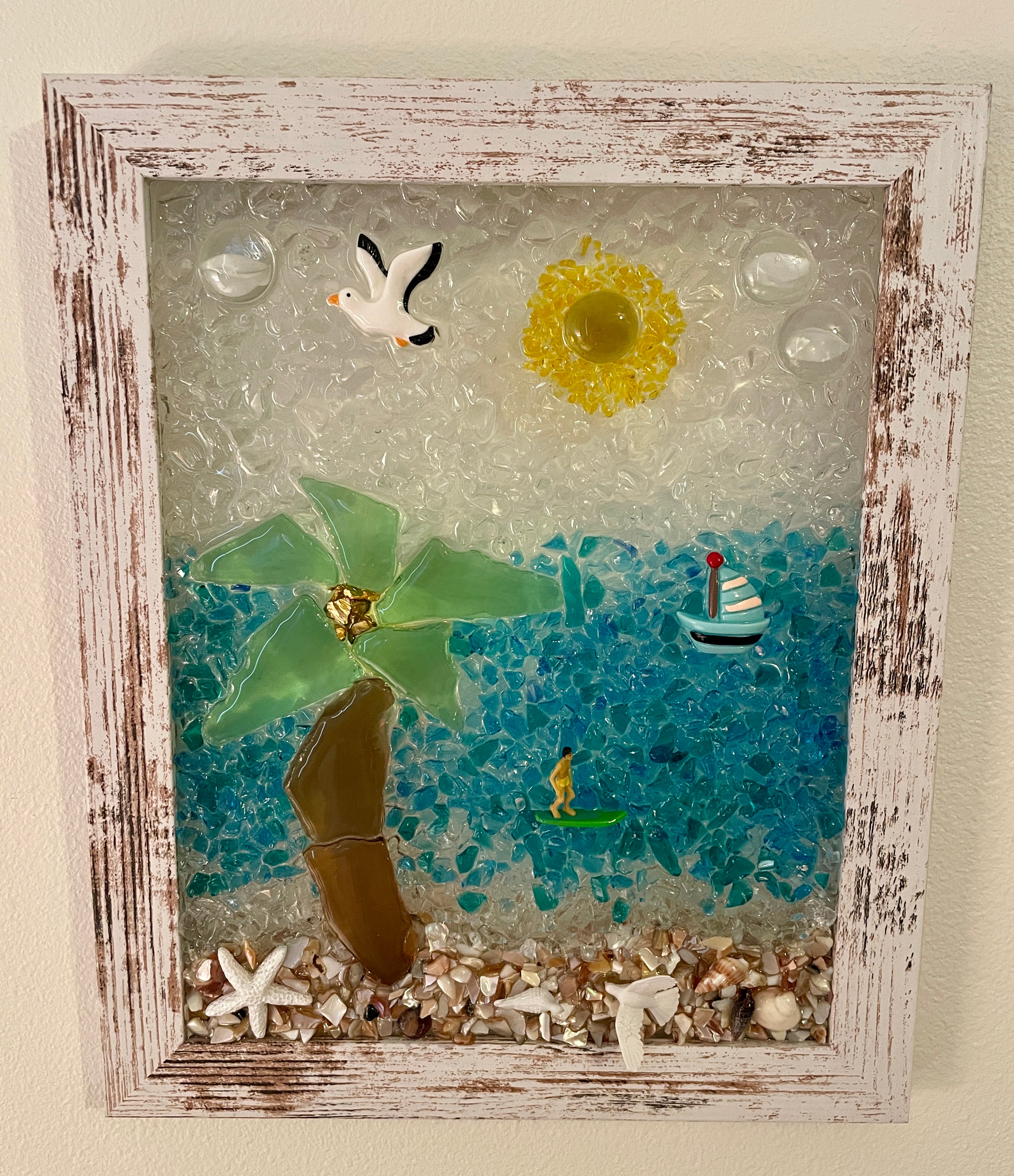 Palm Tree, Surfer & Boat Crushed Glass Art – 8" x 10"