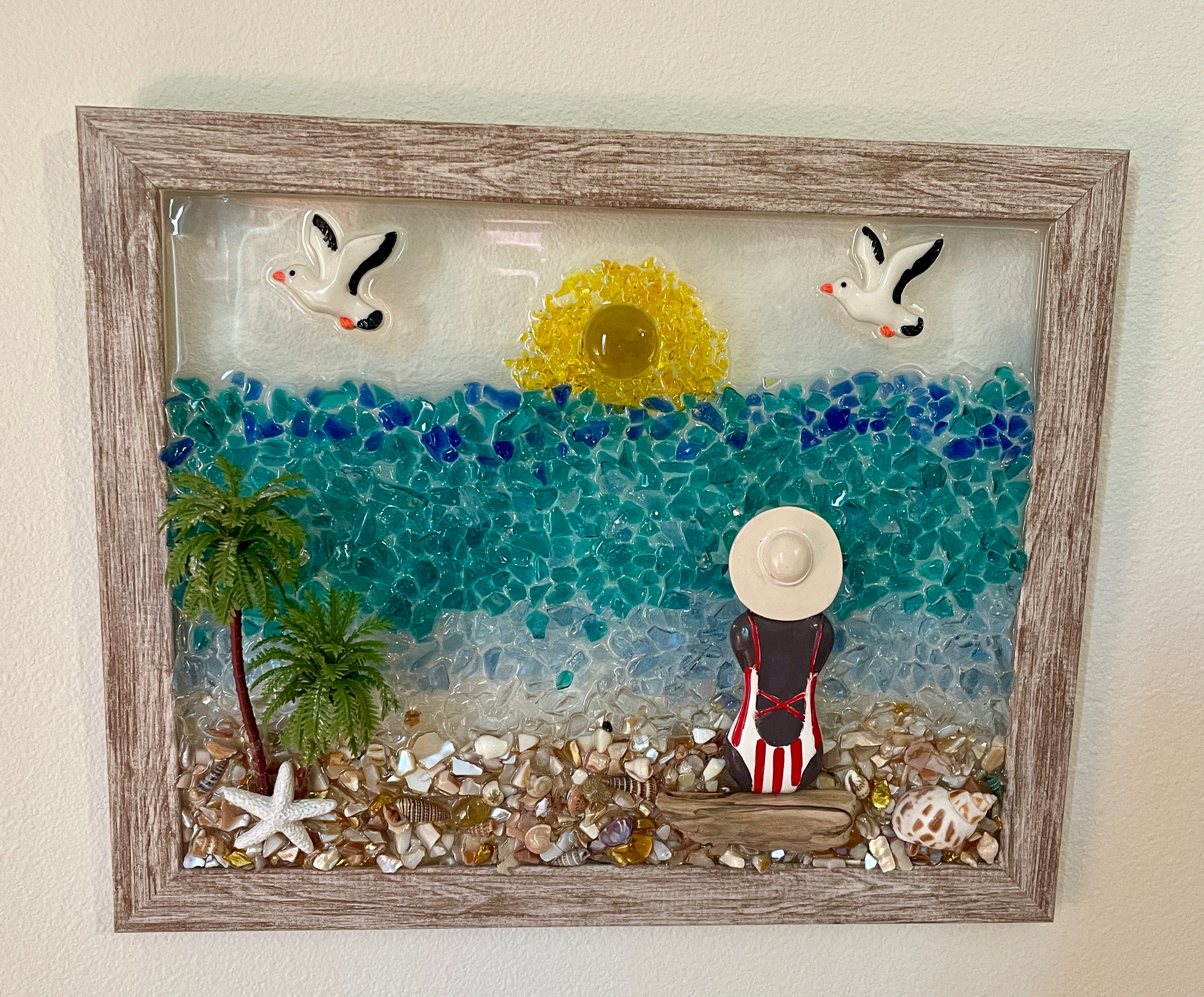 Beach Babe with Palm Trees and Seagulls – 8" x 10" Coastal Wall Art
