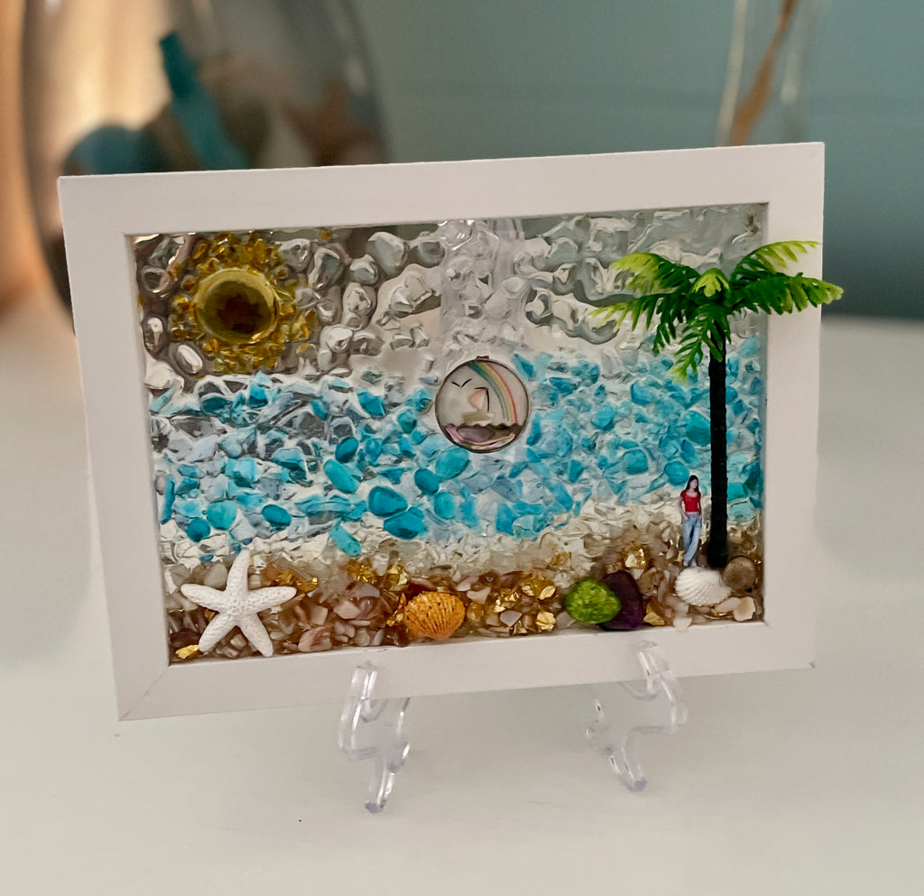 Beach Scene with Girl by Palm Tree & More! - 5" x 7" Coastal Art | Beach Vibe