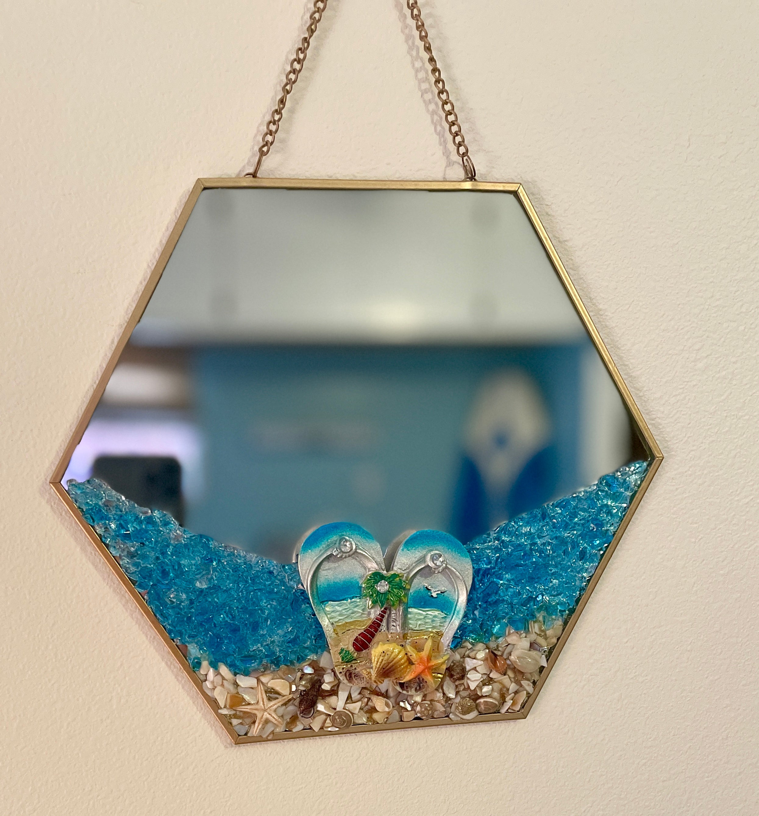Hanging Mirror with Beach Design – 9" x 10" Octagon | Crushed Glass & Shell Coastal Decor | Beach Vibe Designs