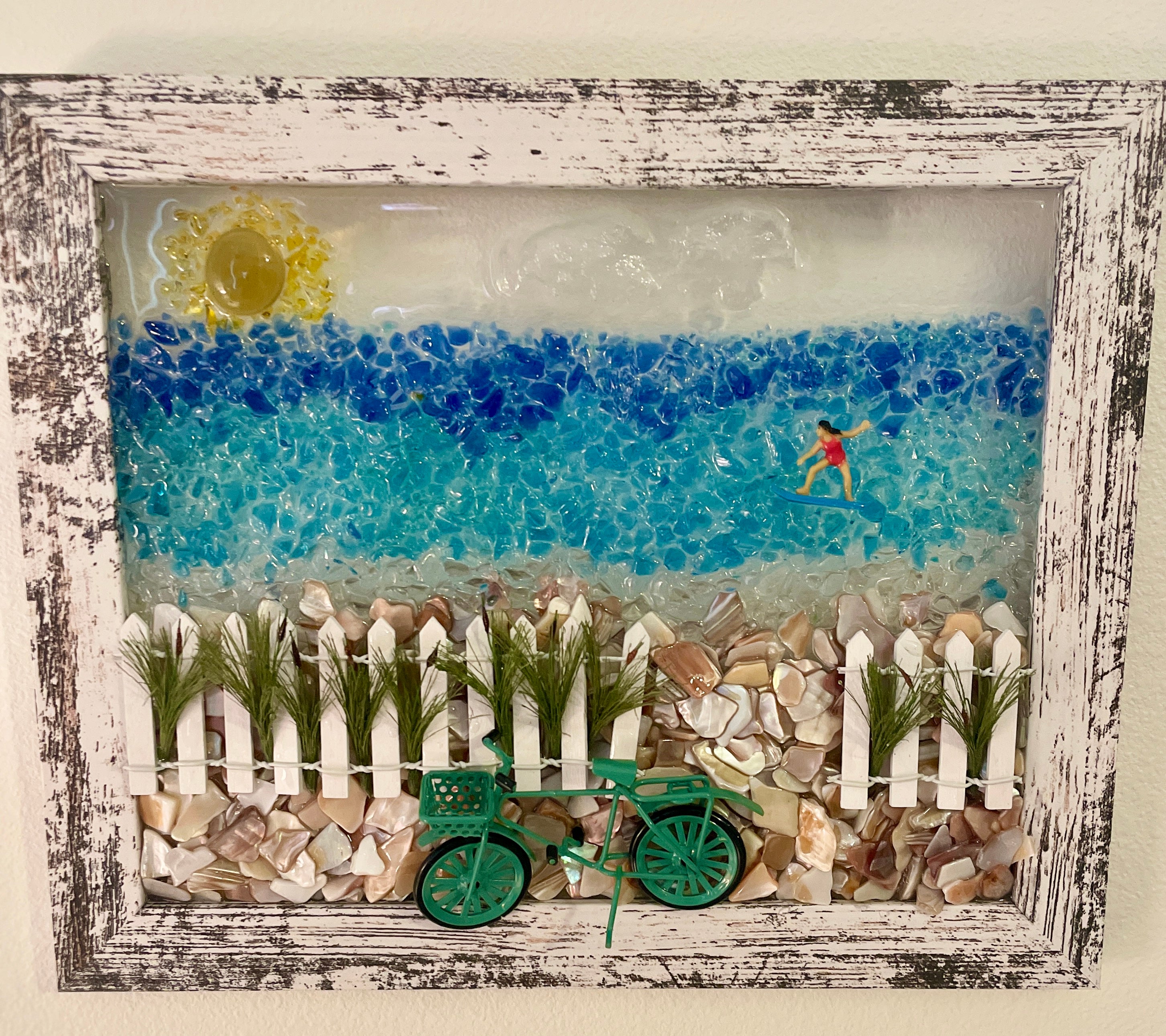 Whimsical Beach Scene with Surfer & Bicycle – 8" x 10" Coastal Wall Art | Beach Vibe Designs